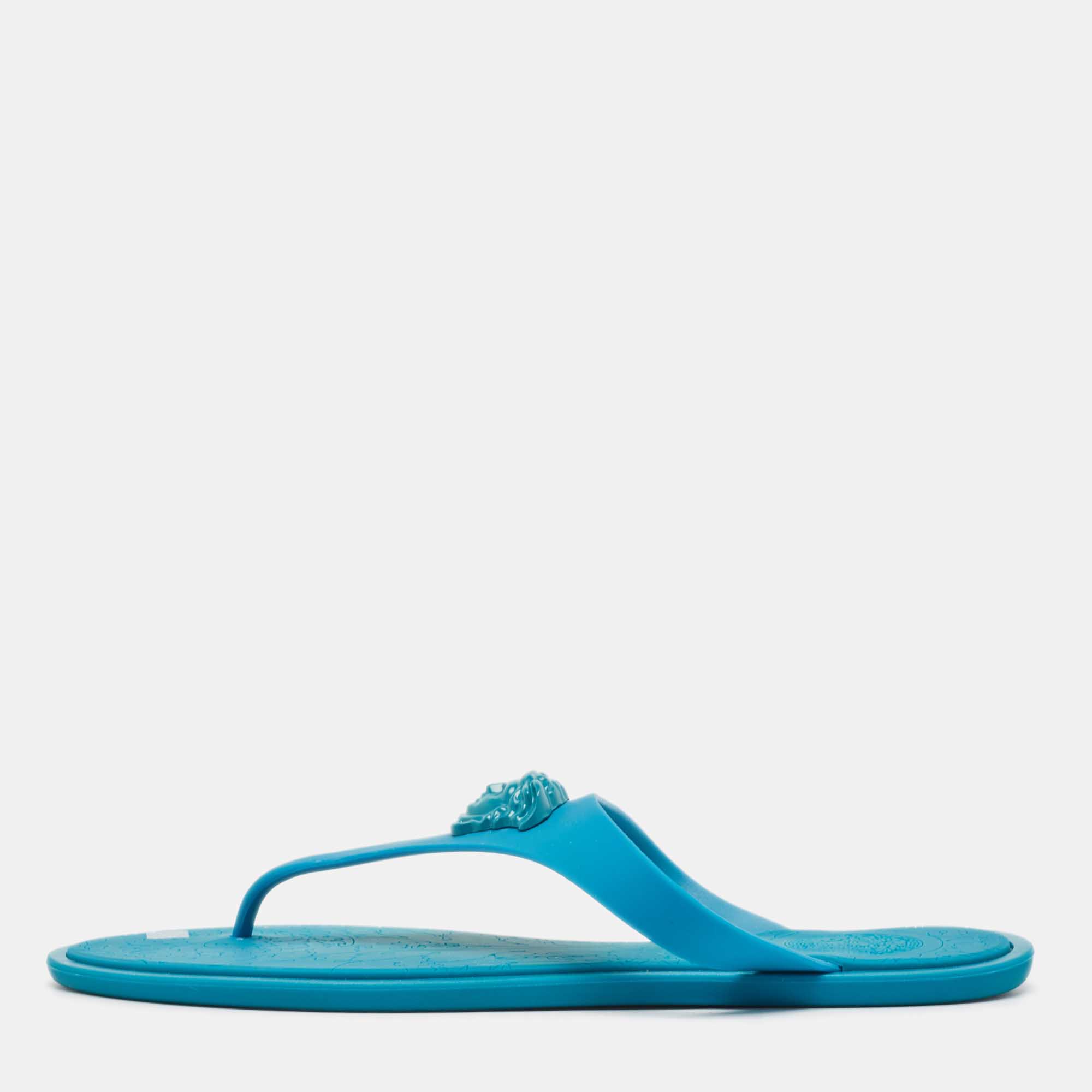 Pre Owned Versace Blue Rubber Thong Sandals Size 40
