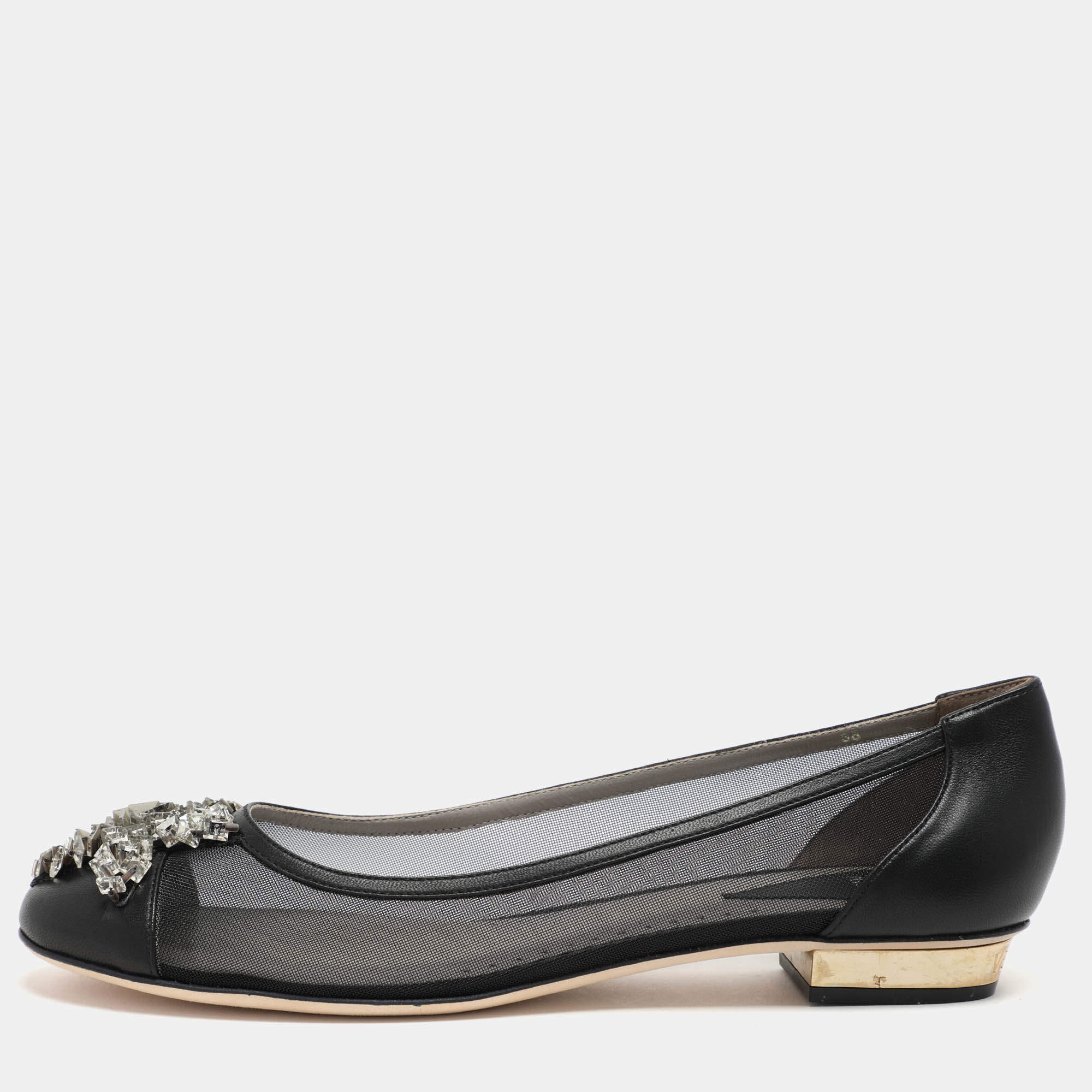 مملوكة مسبقًا Versace Black Leather and Mesh Embellished Ballet Flats Size 38