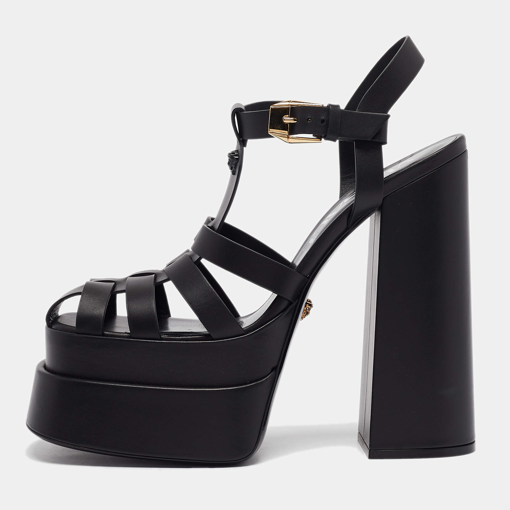 Versace Black Leather La Medusa Platform Sandals Size 40