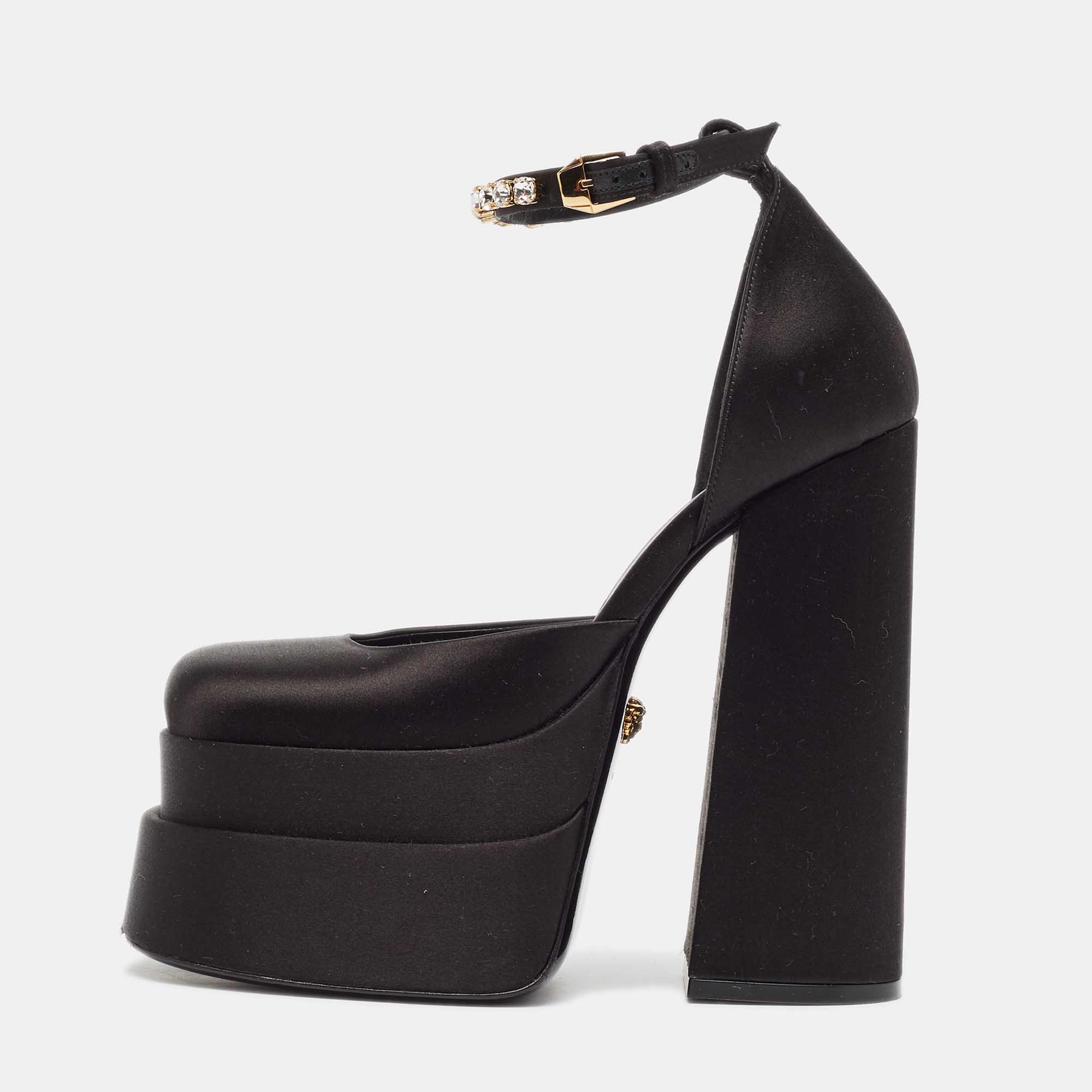 Versace Black Satin Medusa Aevitas Double Platform Pumps Size 35