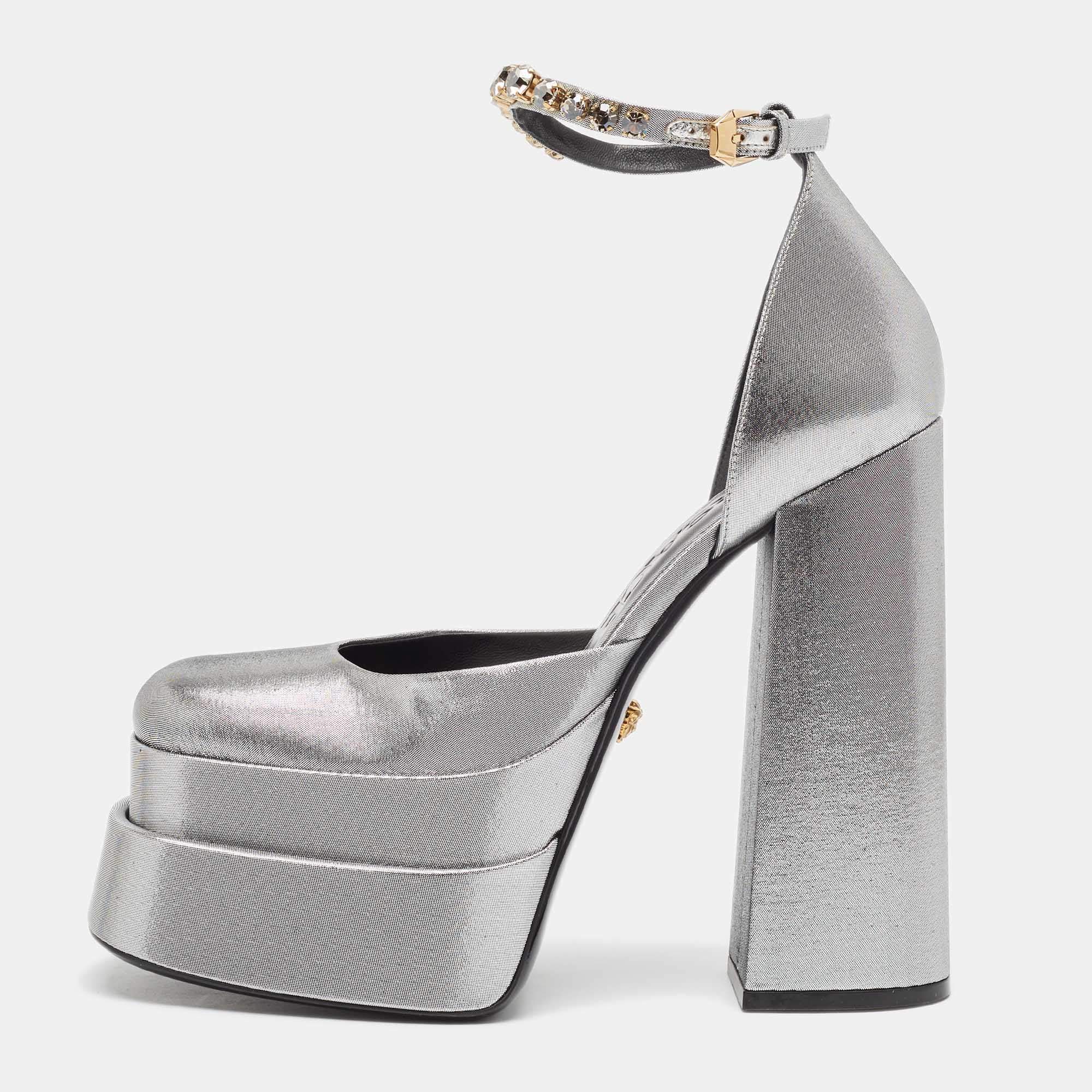 Versace Silver Lurex Fabric Medusa Aevitas Double Platform Pumps Size 38.5