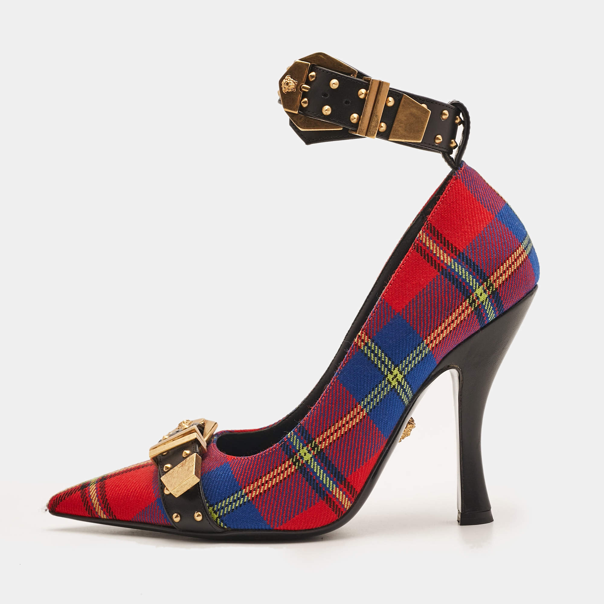 Versace Multicolor Check Canvas Medusa Pointed Toe Ankle Strap Pumps Size 38