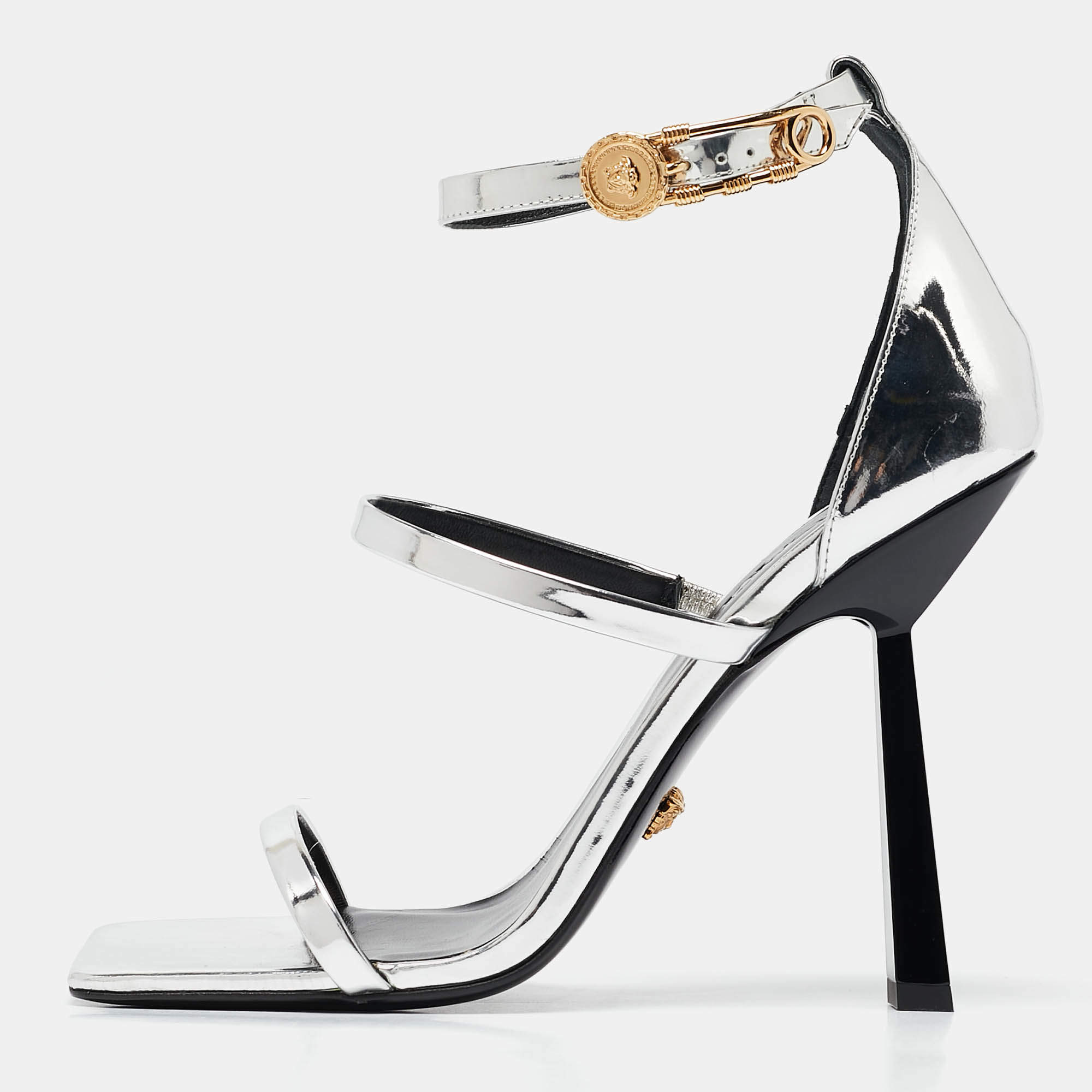 Versace Silver Leather Safety Pin Ankle Strap Sandals Size 39