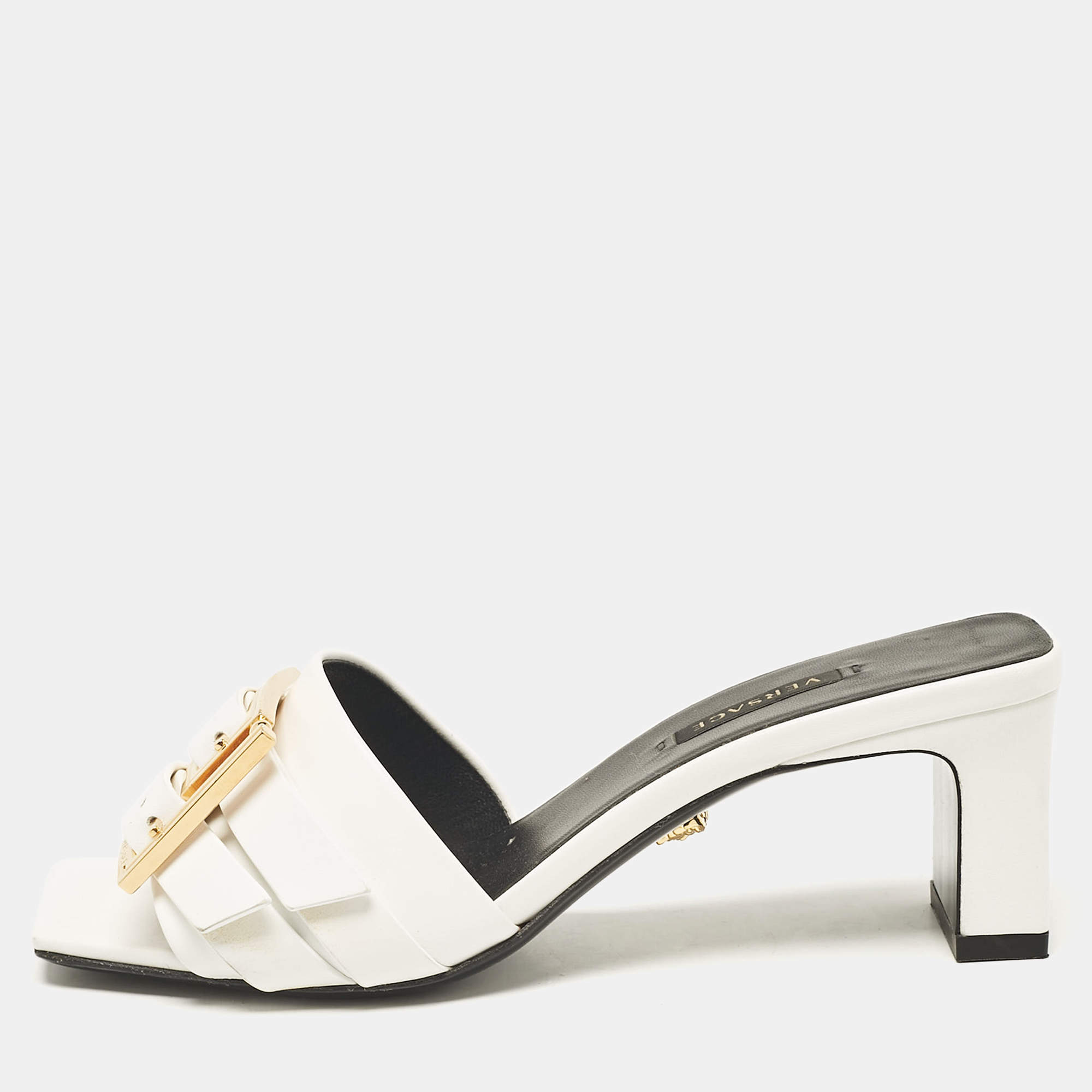 Versace White Leather Buckle Slide Sandals Size 36