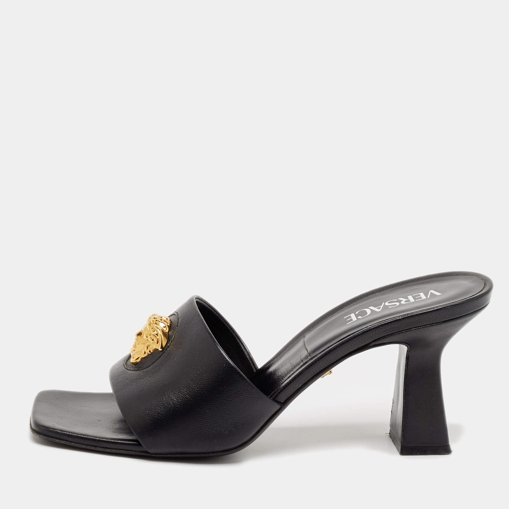 Versace Black Leather La Medusa Slide Sandals Size 39