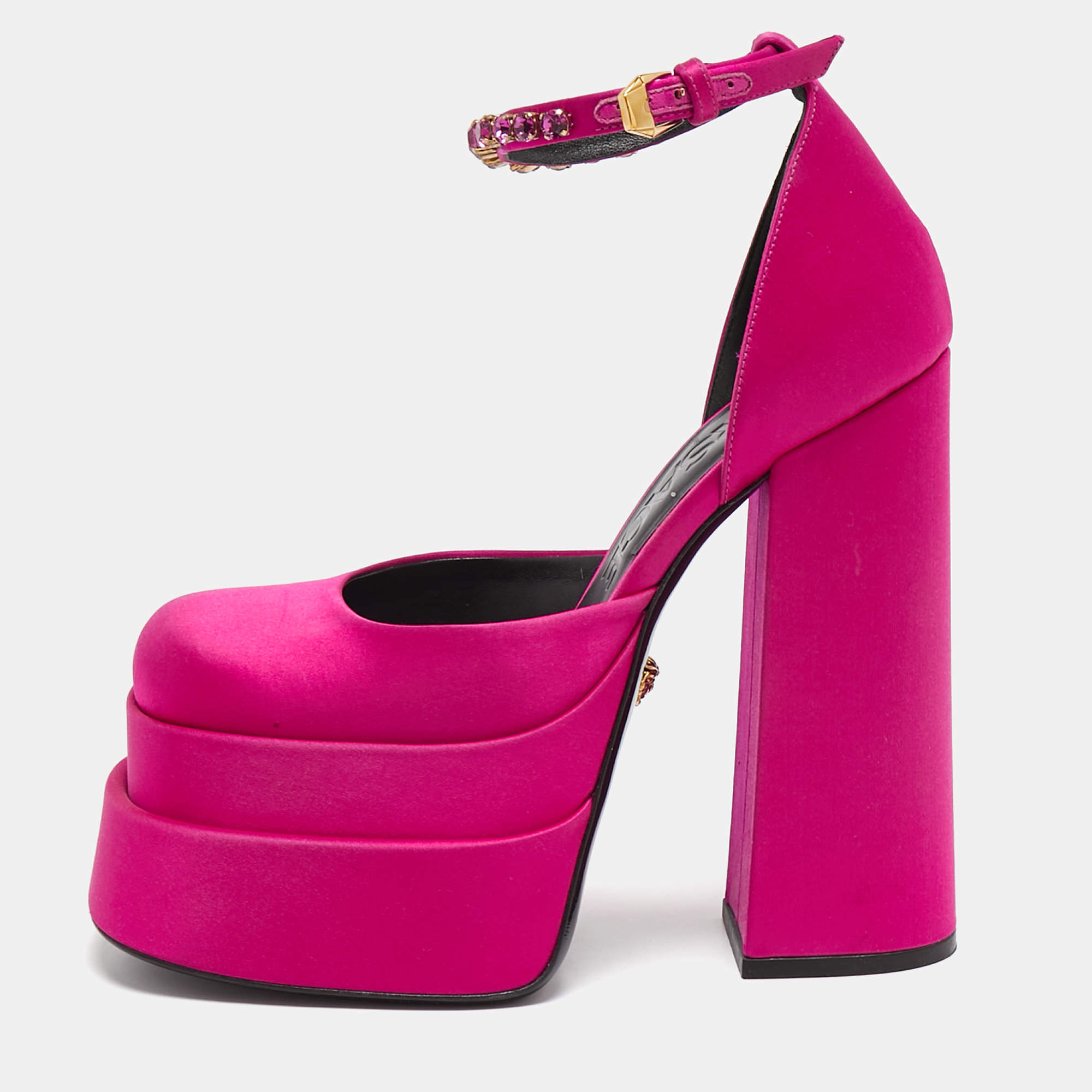 Versace Pink Satin Medusa Aevitas Double Platform Pumps Size 36
