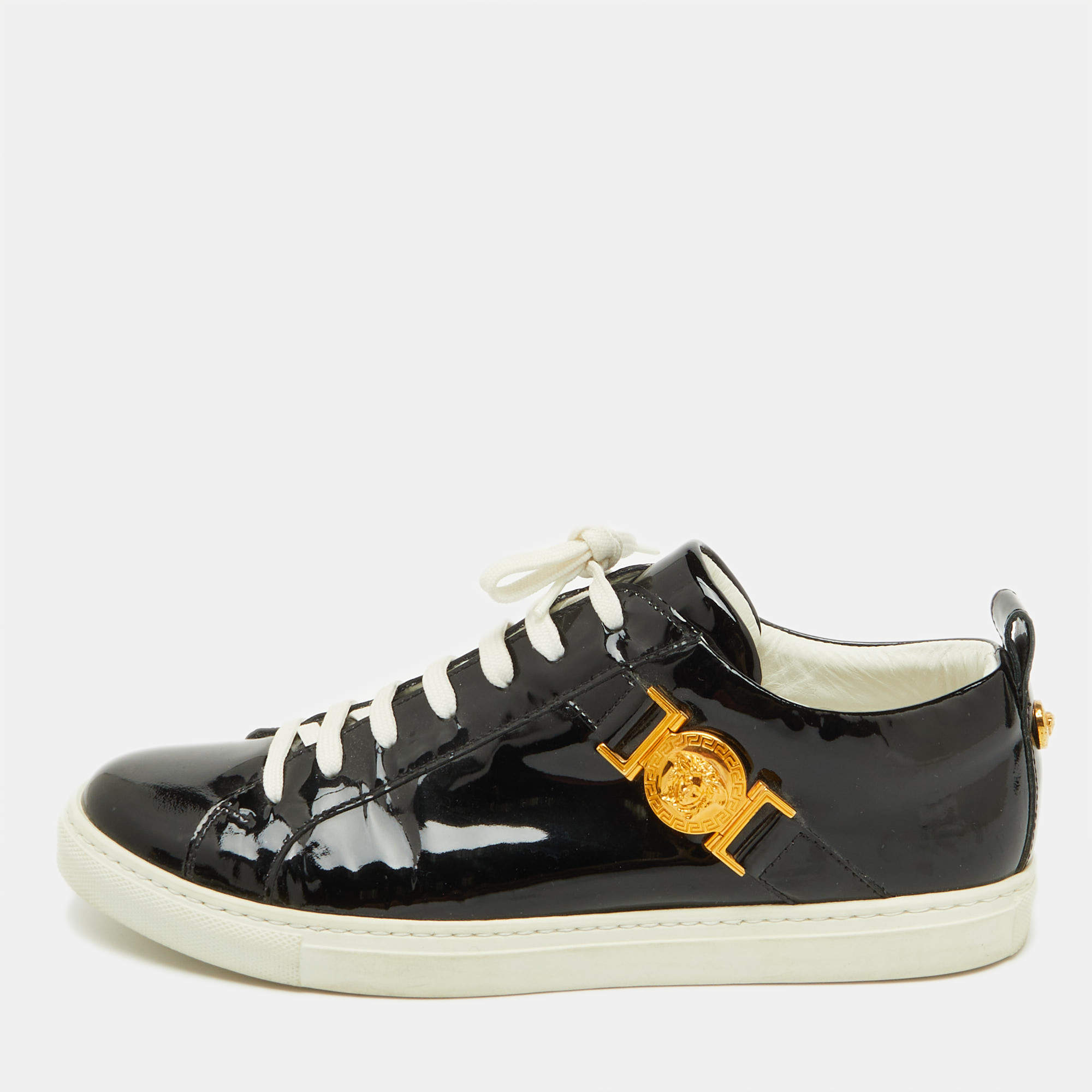Versace Black Patent Leather Medusa Embellished Low Top Sneakers Size 38