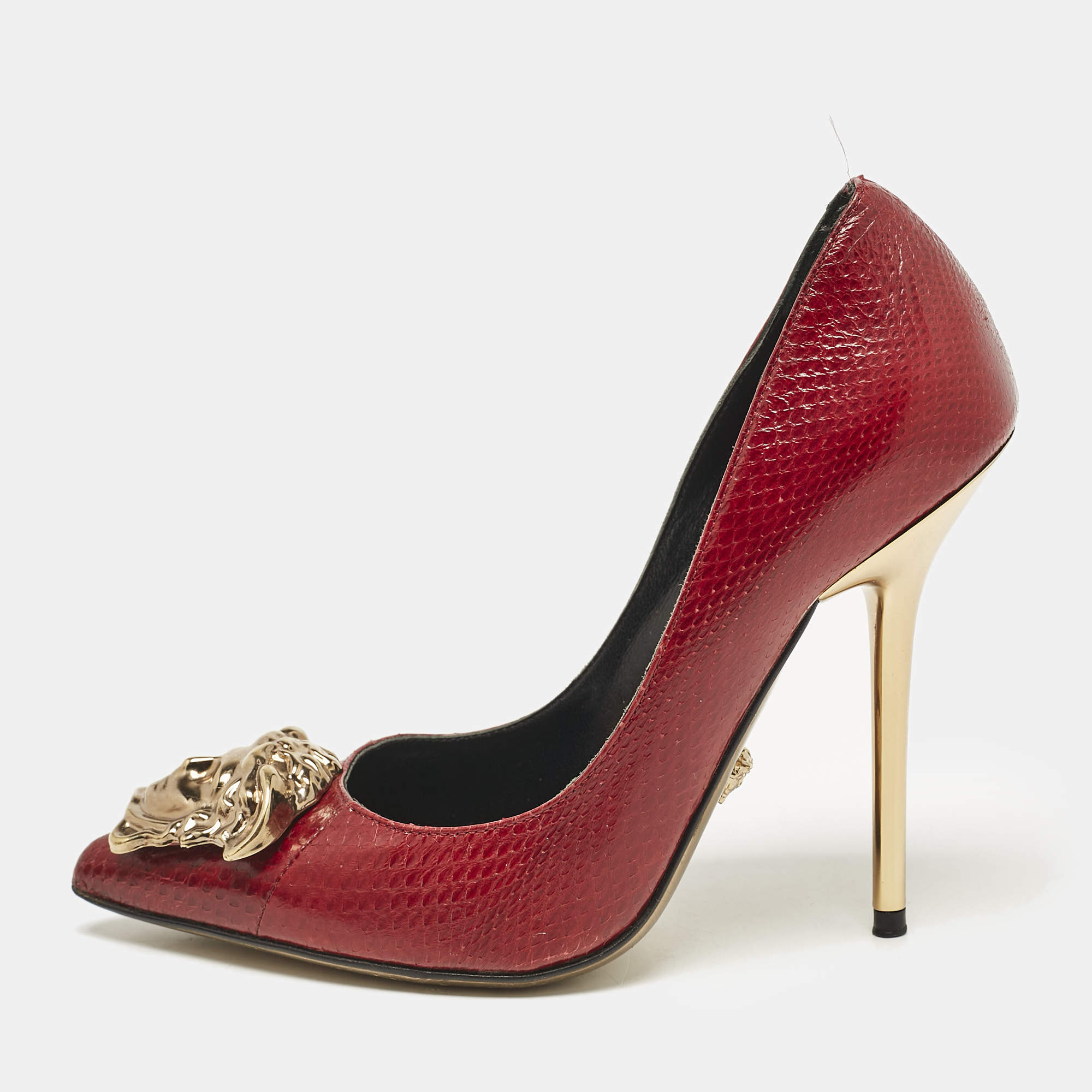 Versace Red Snakeskin Leather Medusa Pointed Toe Pumps Size 35.5