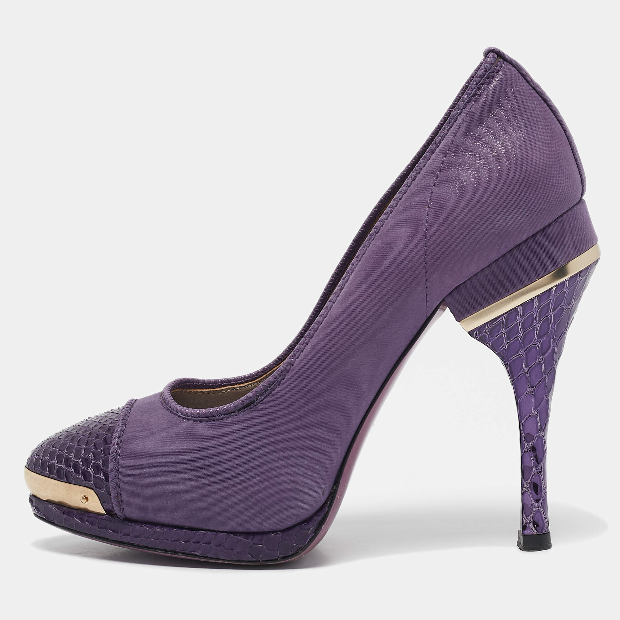 Versace Metallic Purple Python and Suede Platform Pumps Size 37