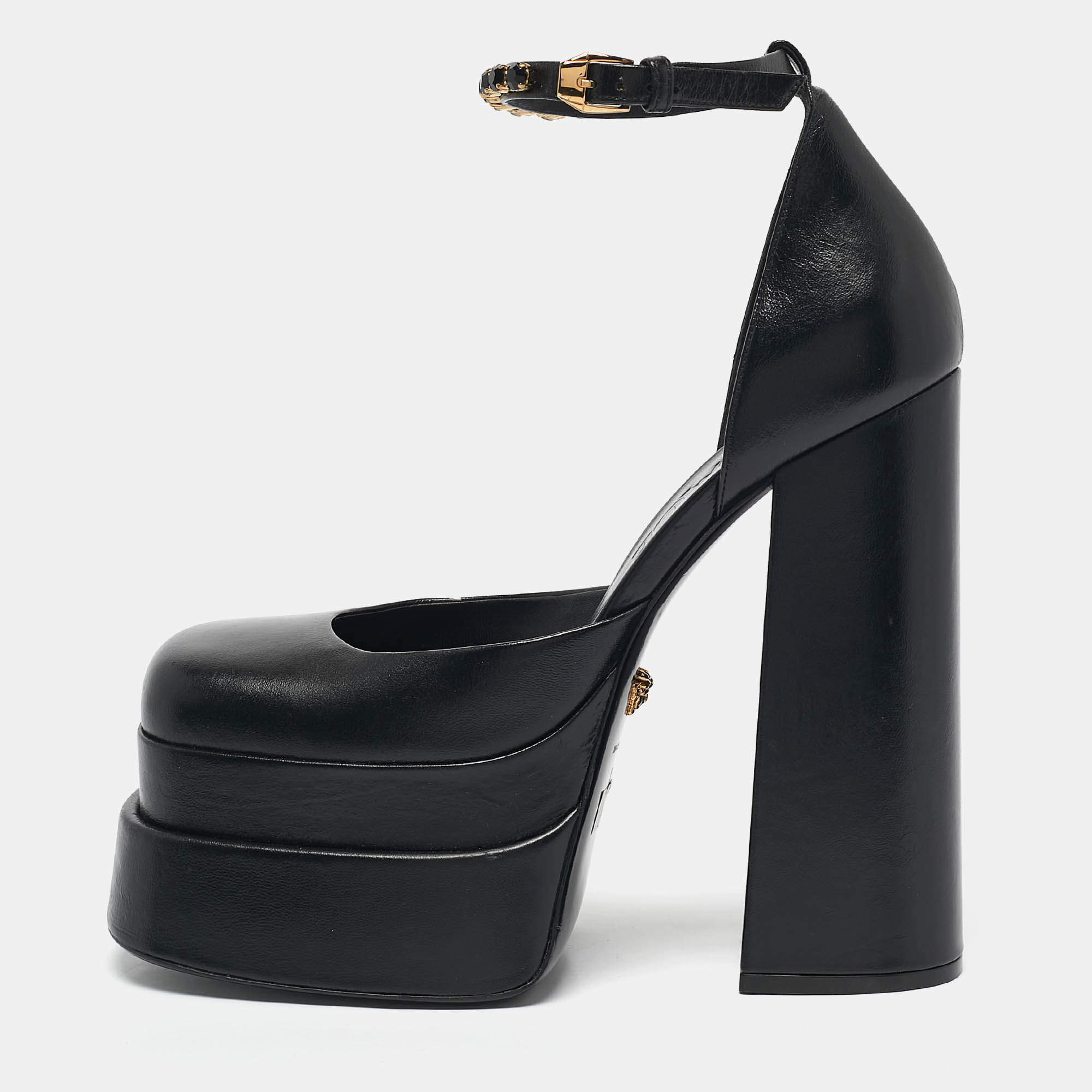 Versace Black Leather Medusa Aevitas Double Platform Pumps Size 39