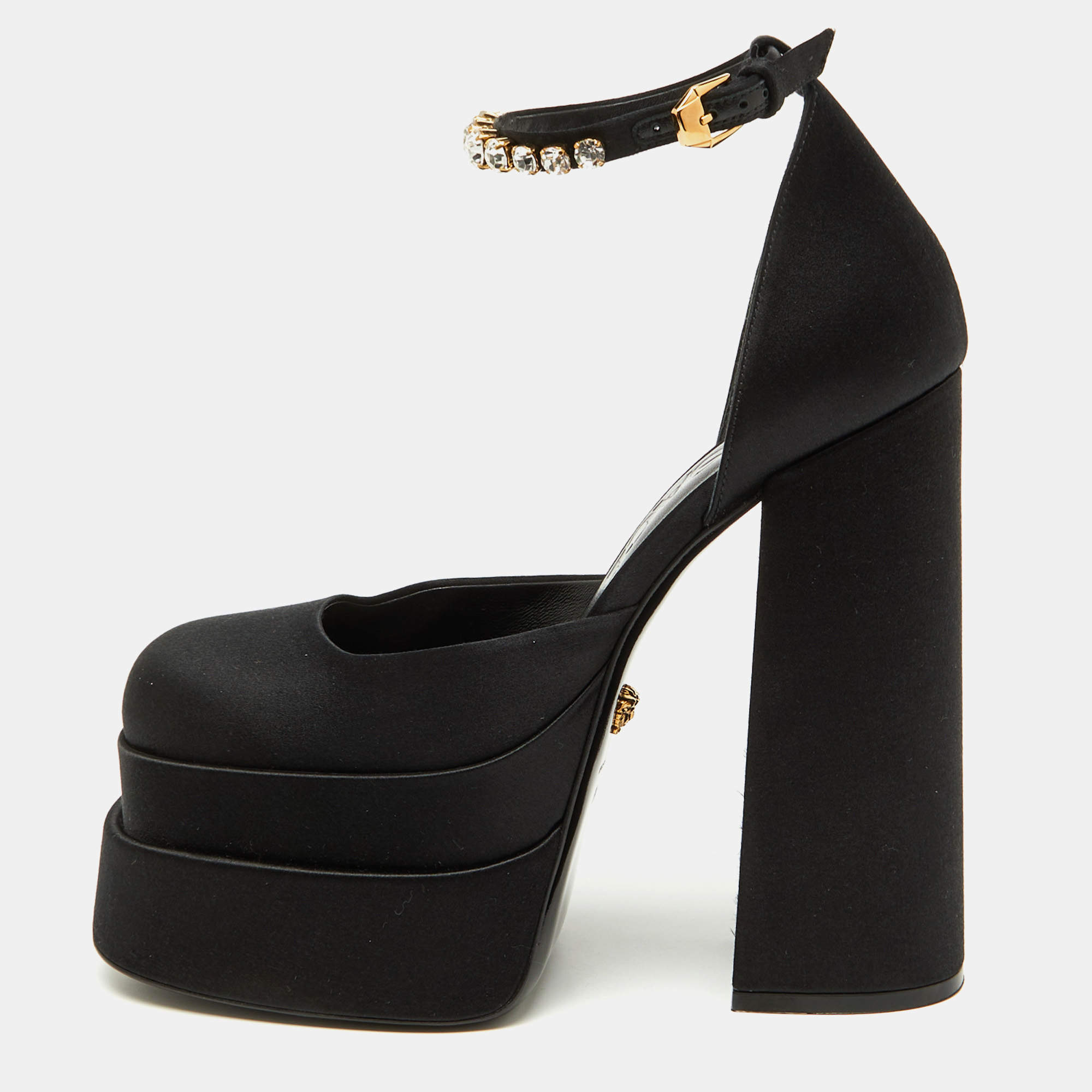 Versace Black Satin Medusa Aevitas Double Platform Pumps Size 38