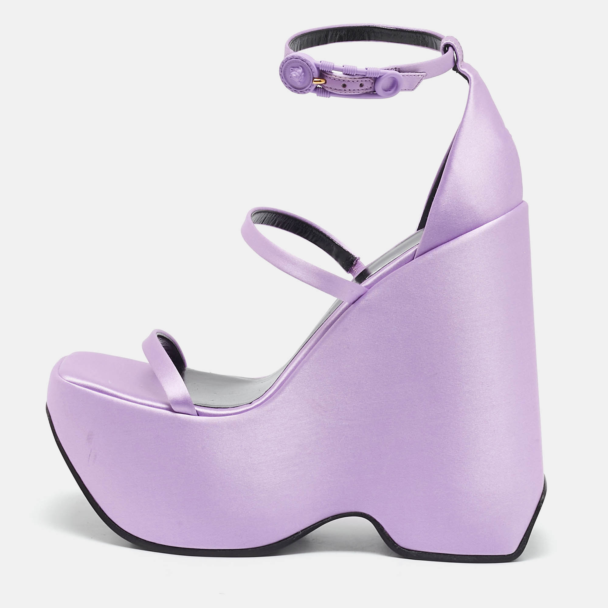 Versace Purple Satin Platform Wedge Ankle Strap Sandals Size 37