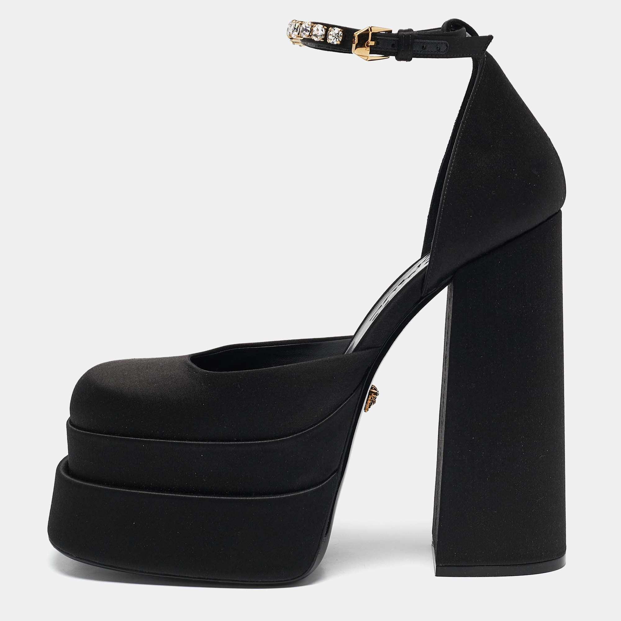 Versace Black Satin Medusa Aevitas Double Platform Pumps Size 40