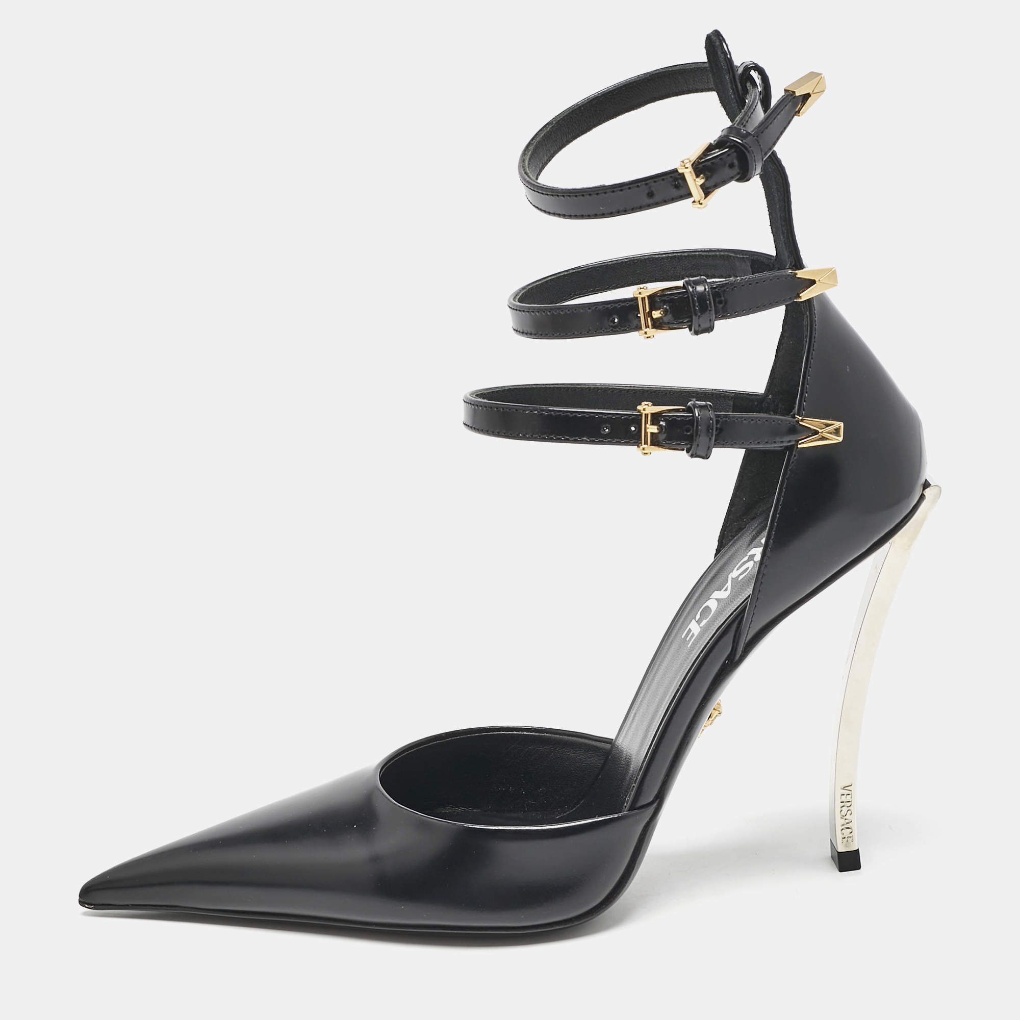 Versace Black Leather Decollete Triple Ankle Strap Pumps Size 37