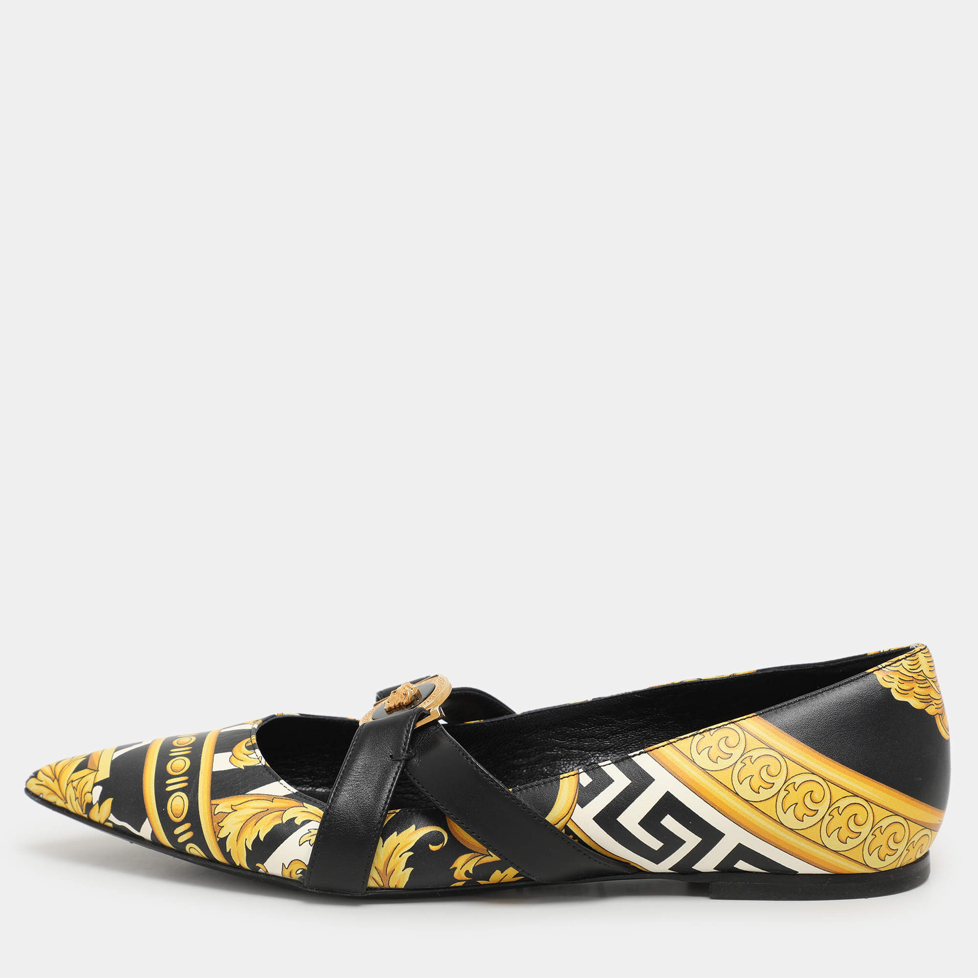 Versace Yellow/Black Leather Savage Wild Barocco Ballet Flats Size 38