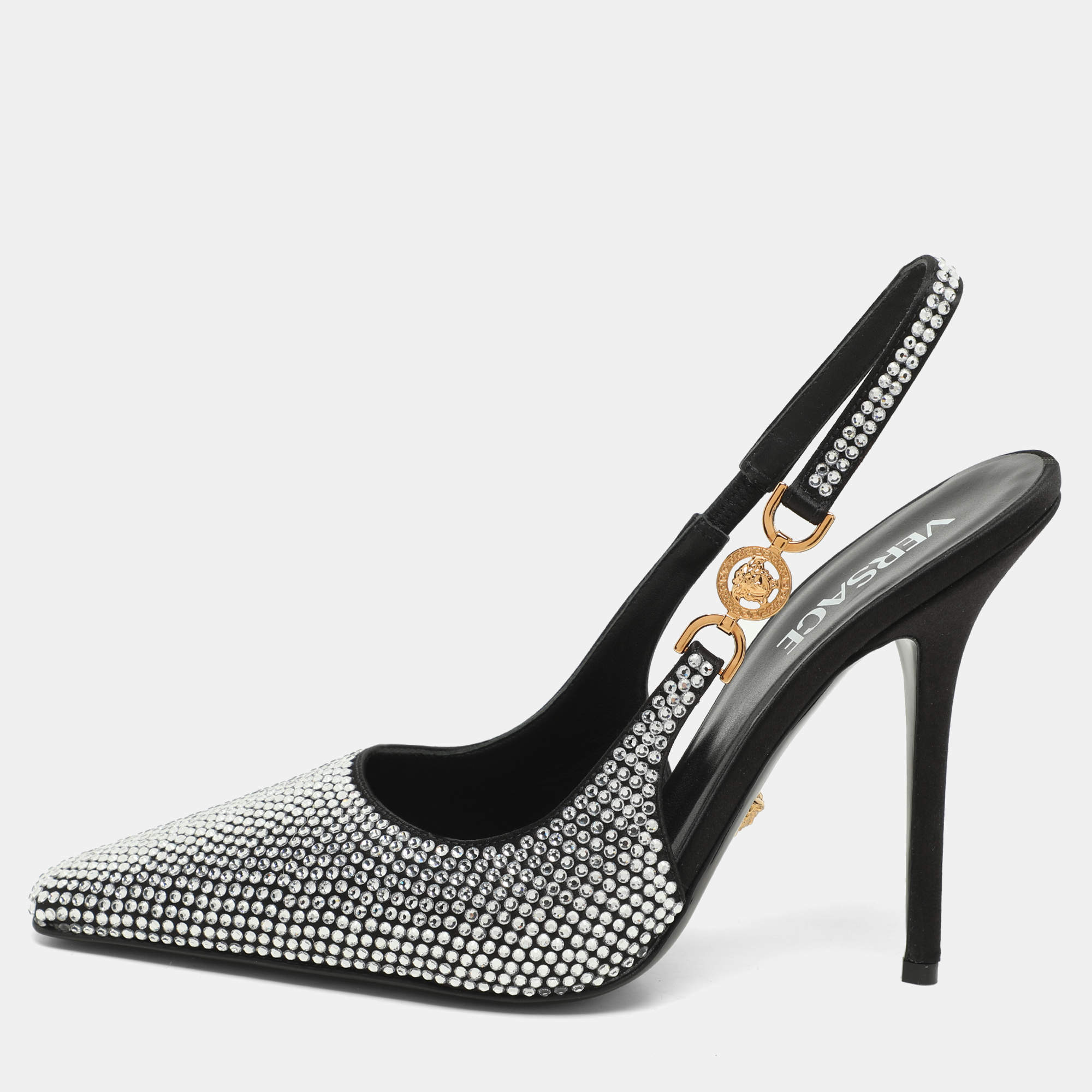 Pre Owned Versace Black Crystal Embellished Satin Medusa Slingback Pumps Size 39