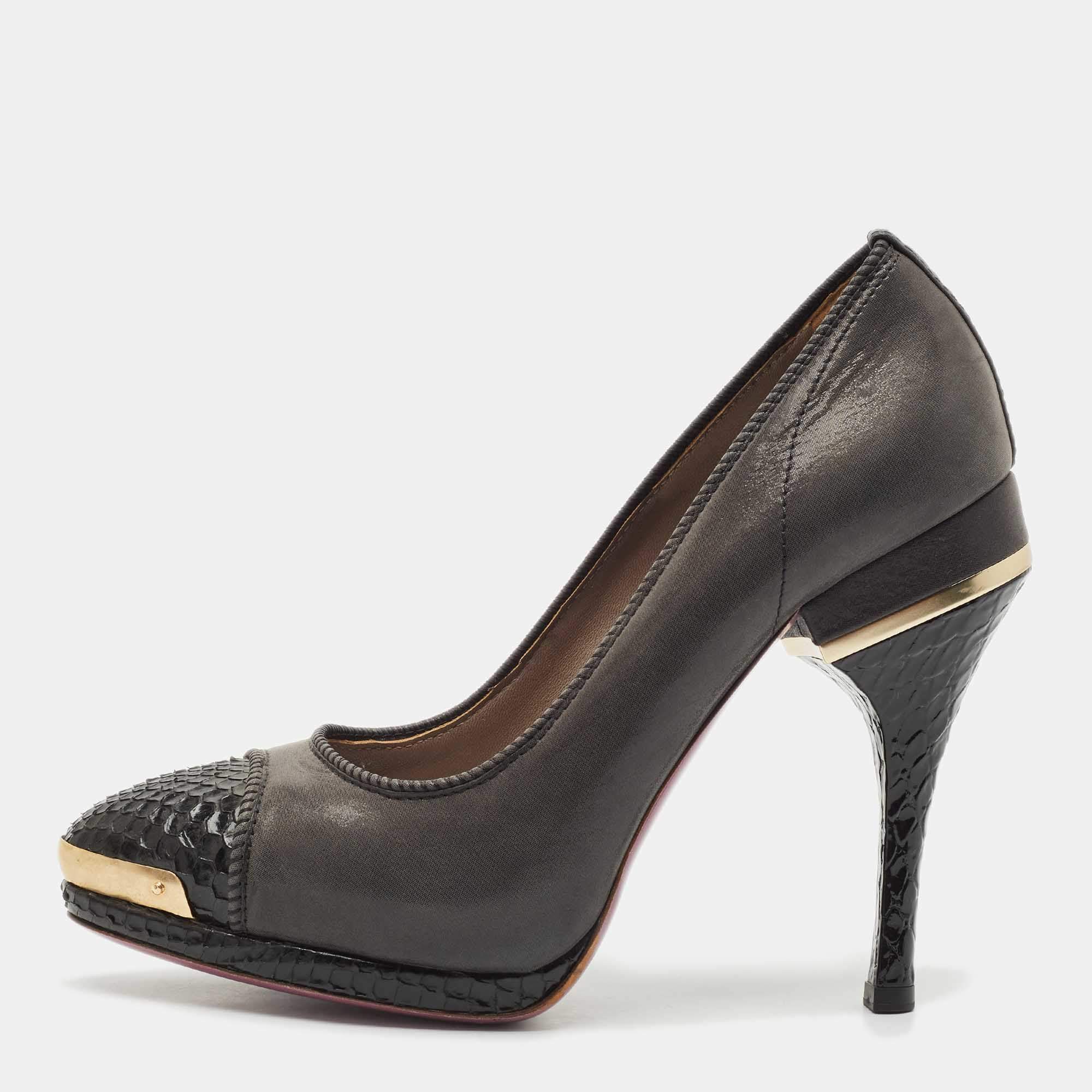 Versace Grey/Black Python Leather and Canvas Platform Pumps Size 39