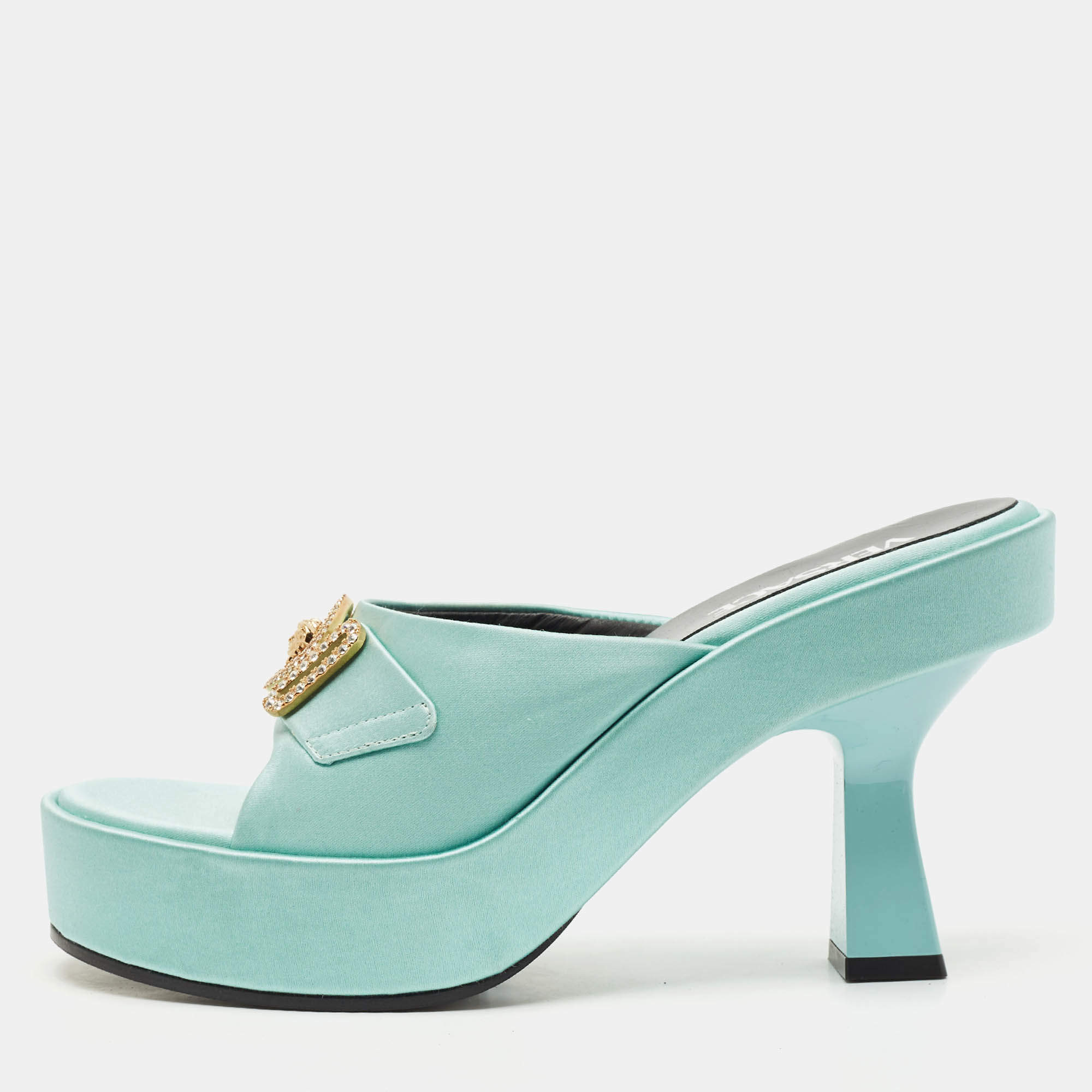 Versace Mint Green Satin Medusa Biggie Platform Mules Size 38