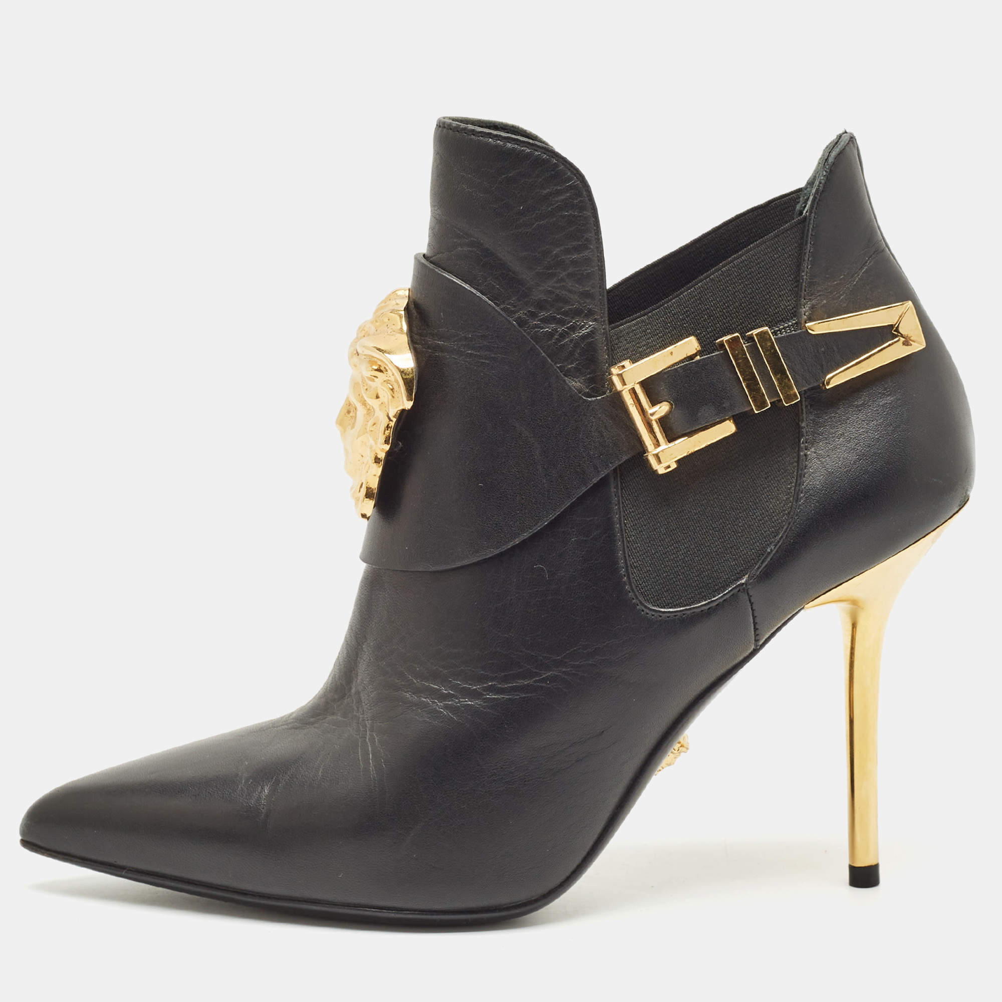 Versace Black Leather Palazzo Ankle Booties Size 37