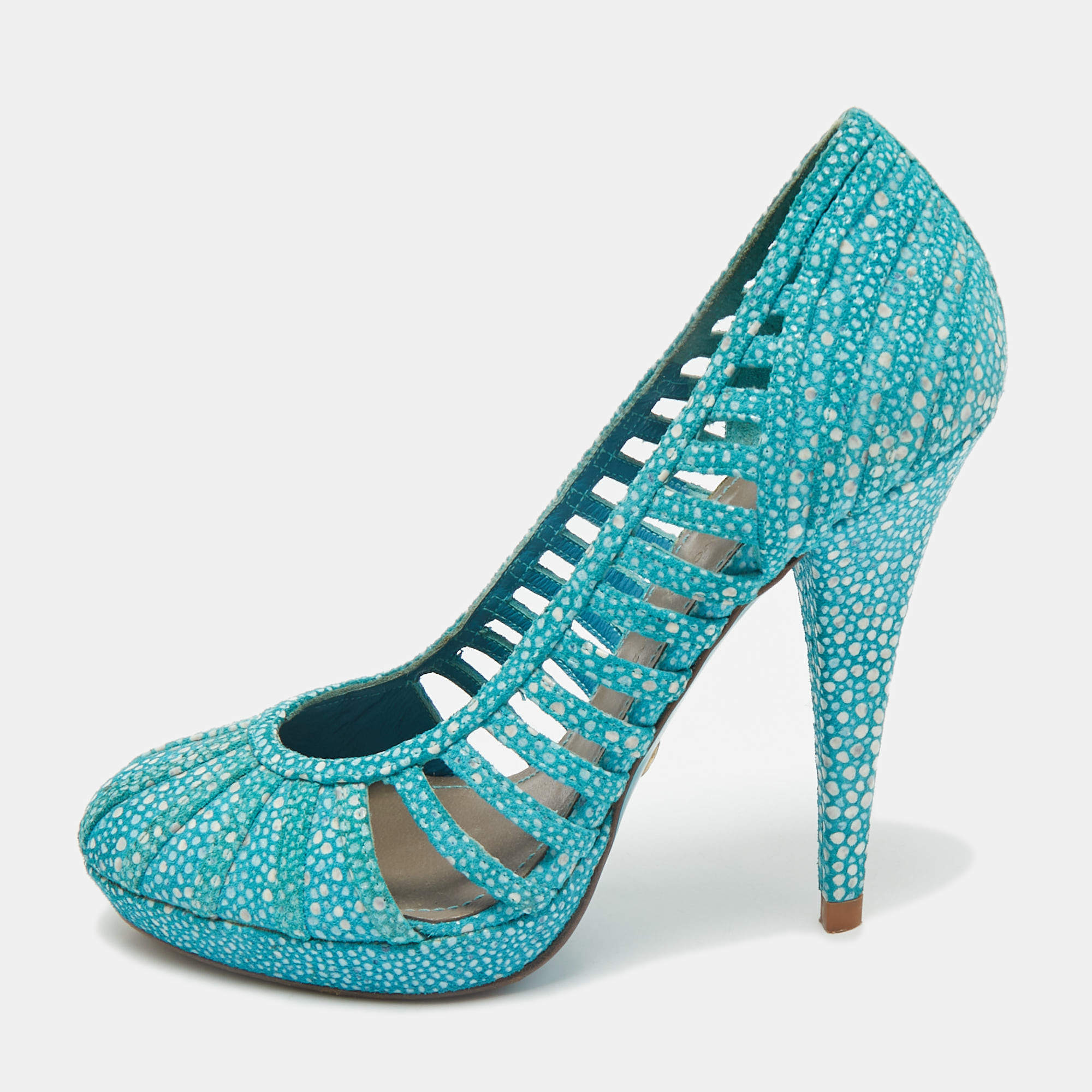 Pre Owned Versace Blue/White Suede Platform Pumps Size 37