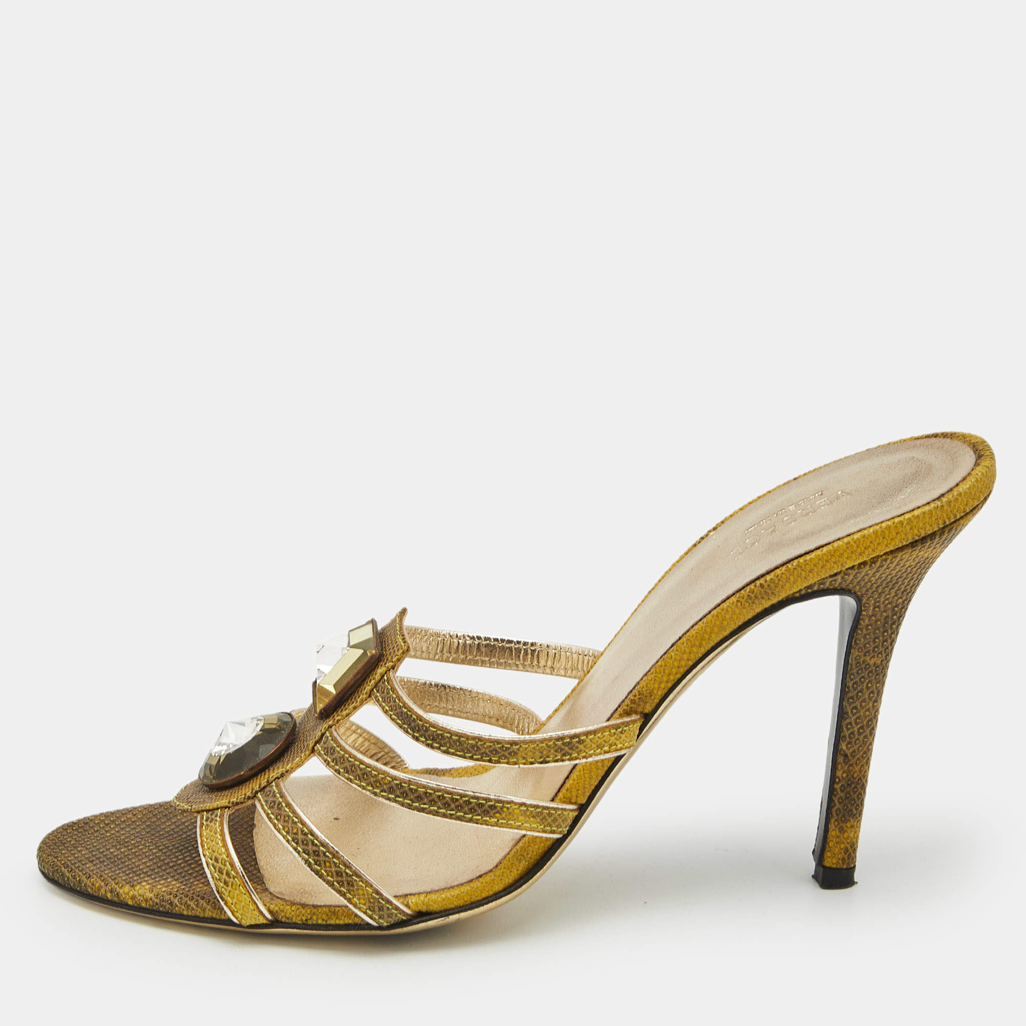 Versace Yellow Lizard Embossed Leather Crystal Embellished Slide Sandals Size 38