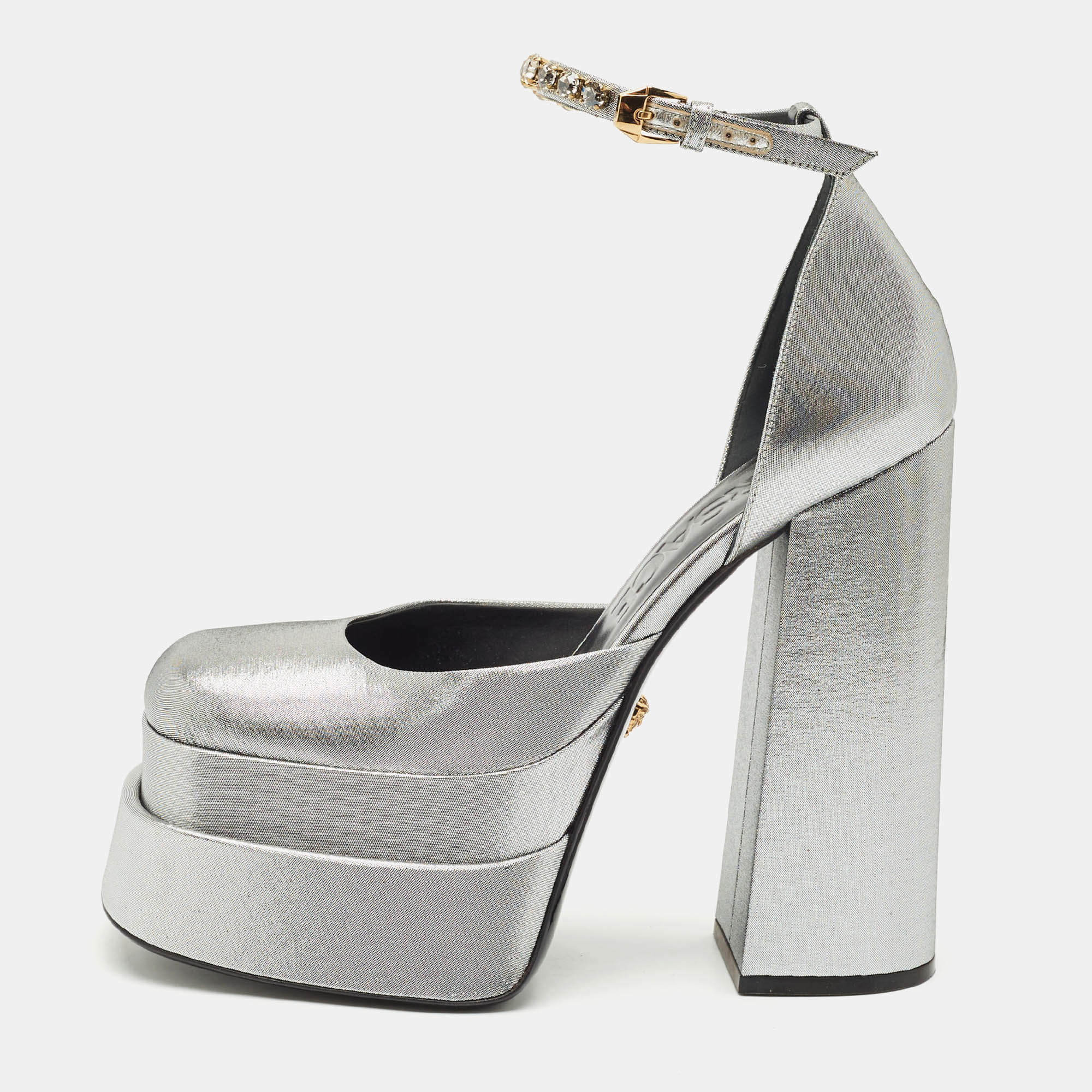 Versace Metallic Grey Fabric Medusa Aevitas Double Platform Pumps Size 38.5