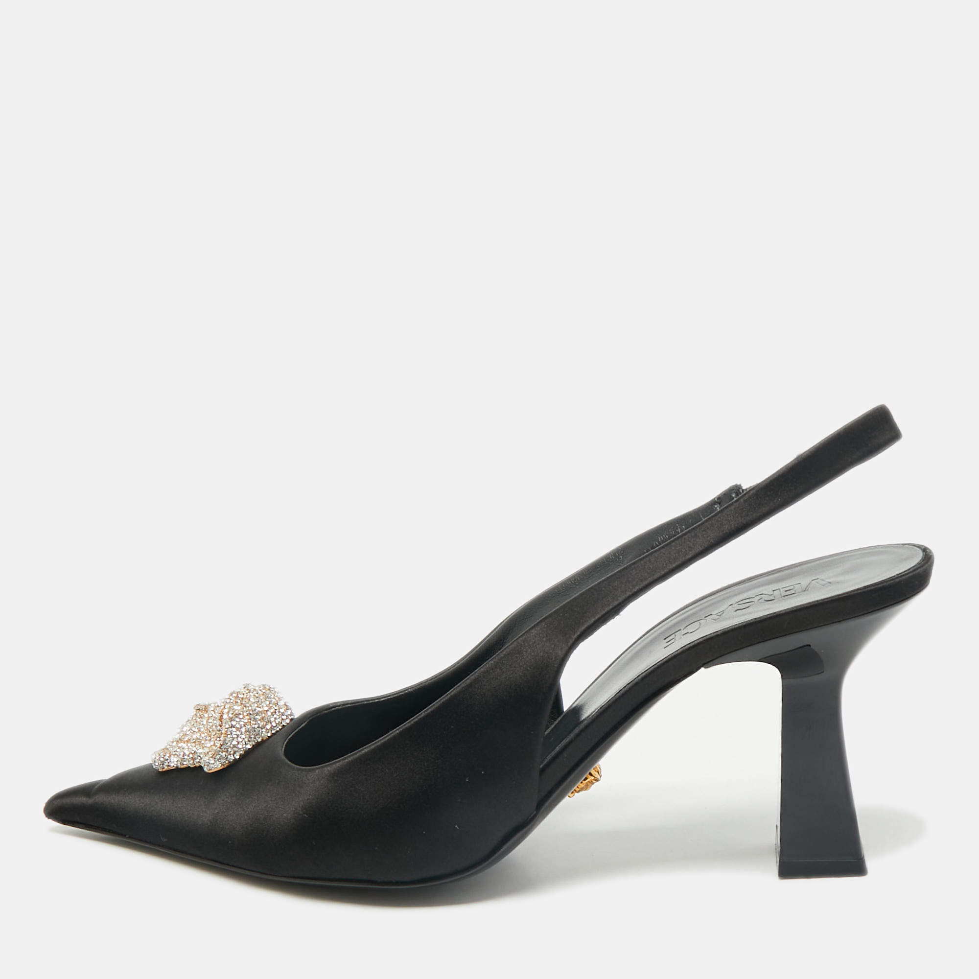 Versace Black Satin Crystal Embellished La Medusa Slingback Pumps Size 40