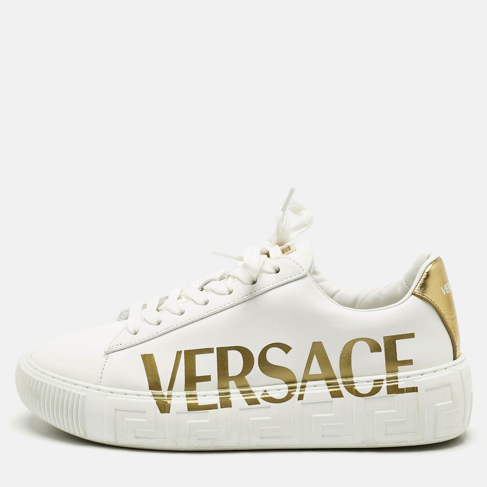 Versace White/Gold Leather La Greca Lace Up Sneakers Size 38