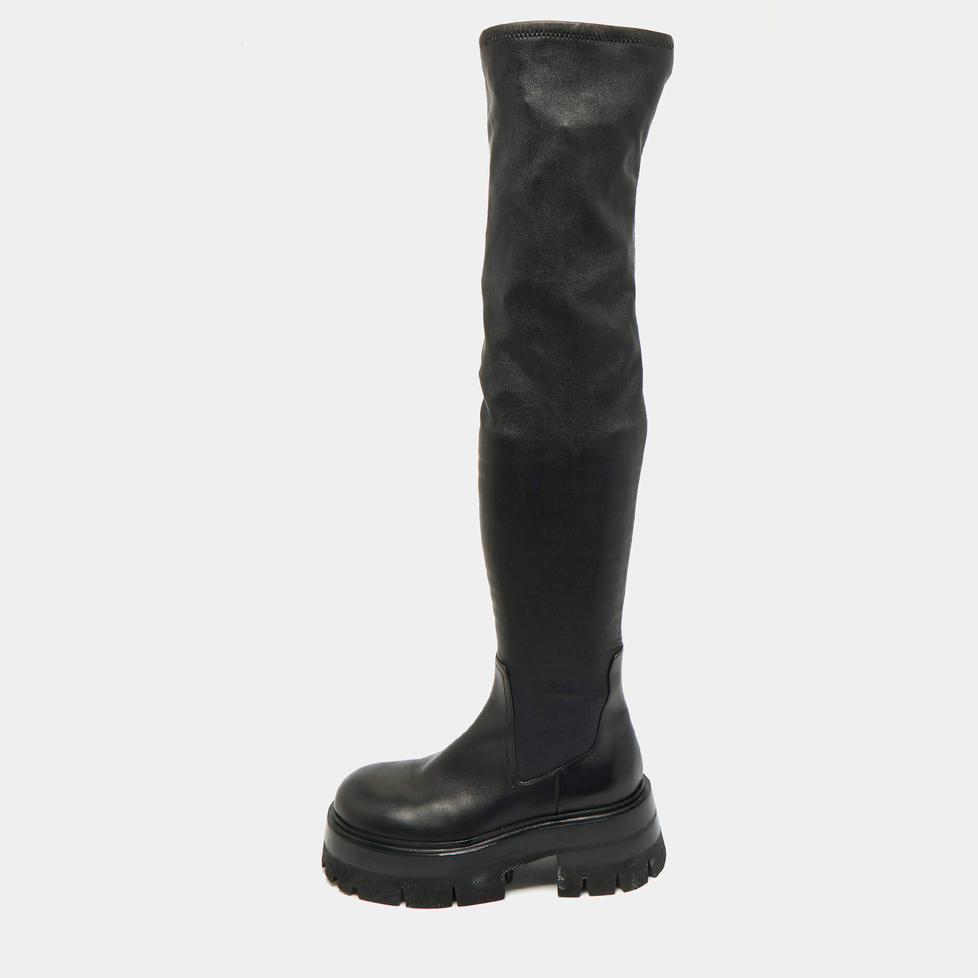 Pre Owned Versace Black Leather Over The Knee Boots Size 38.5