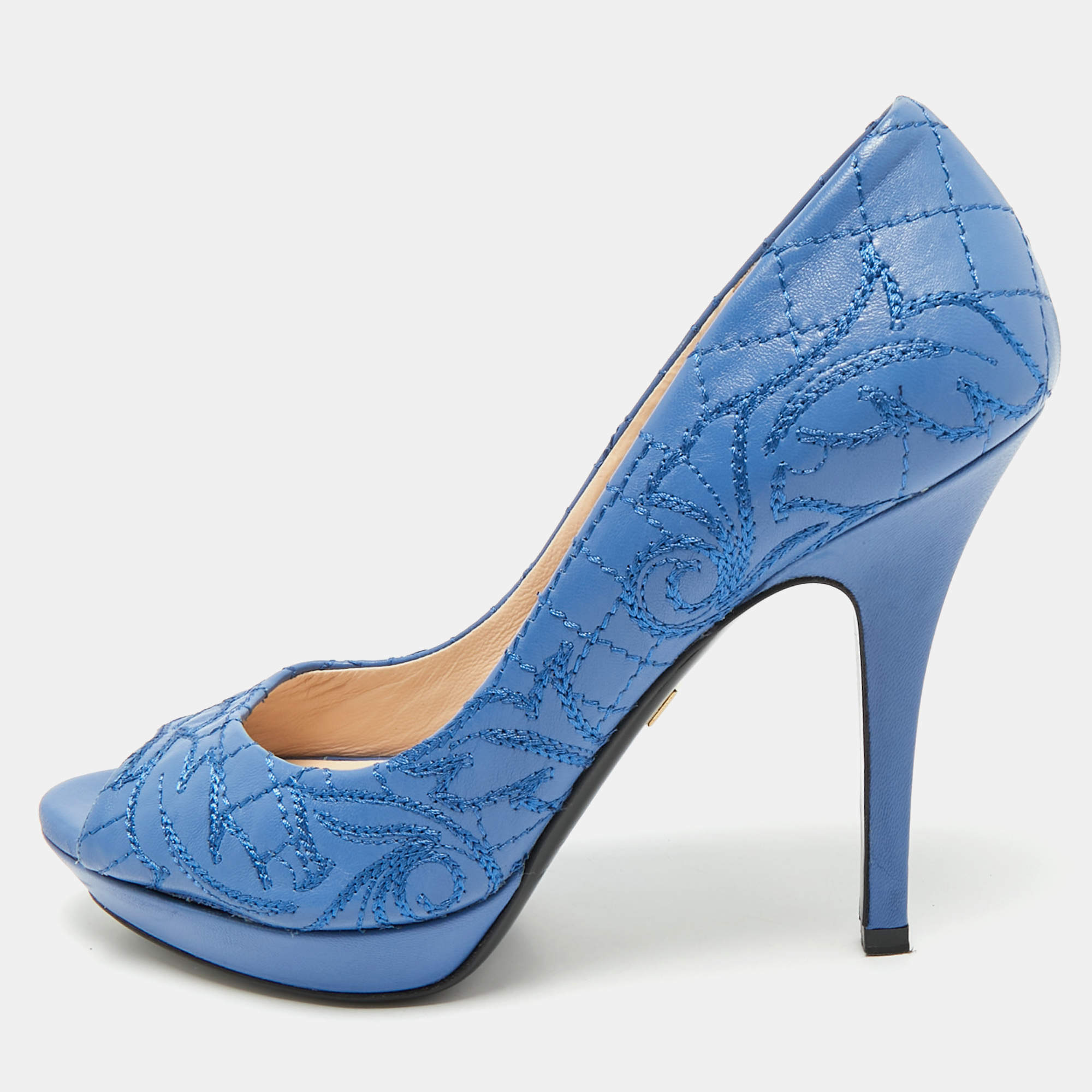 Pre Owned Versace Blue Embroidered Leather Peep Toe Platform Pumps Size 38