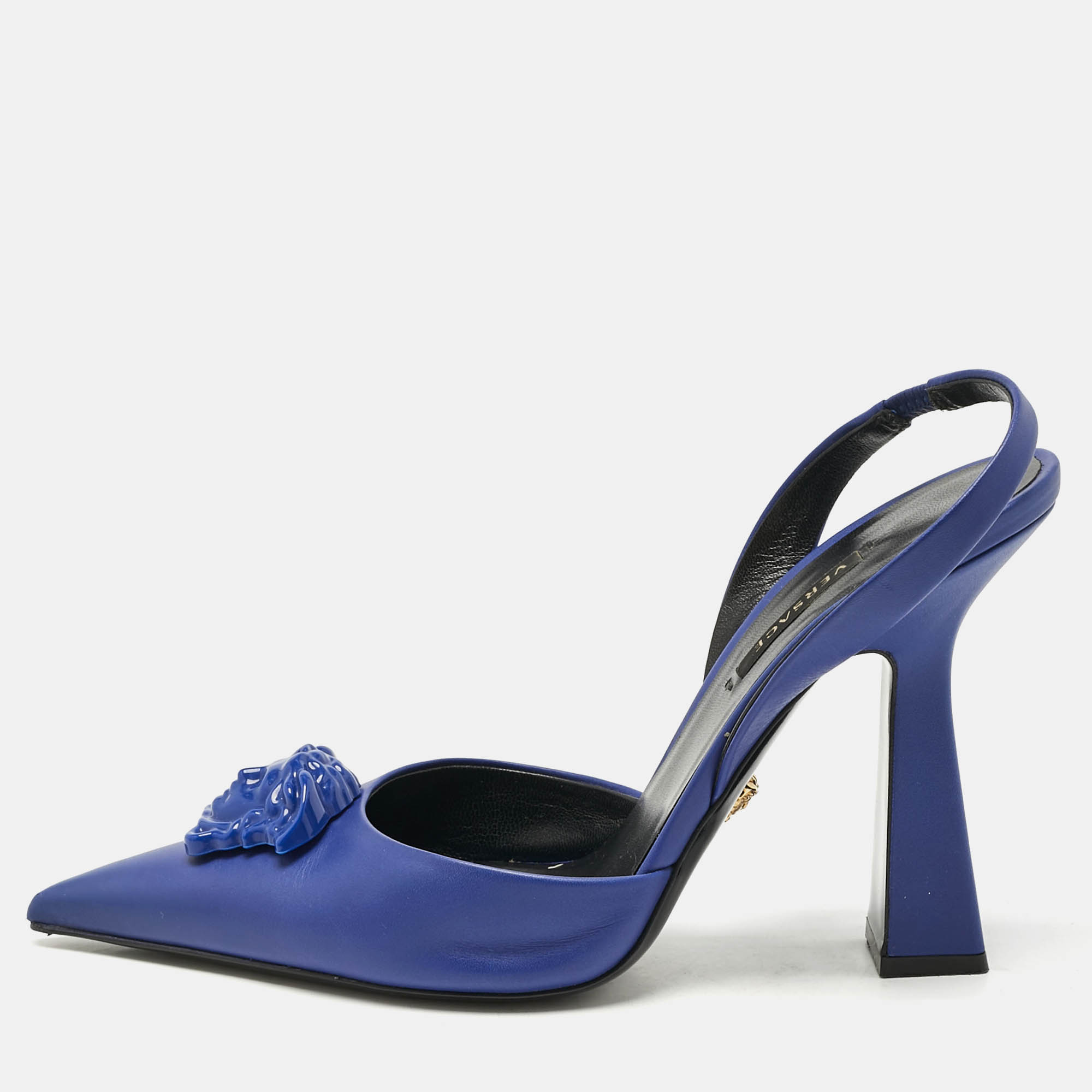 Pre Owned Versace Blue Leather Medusa Slingback Pumps Size 38