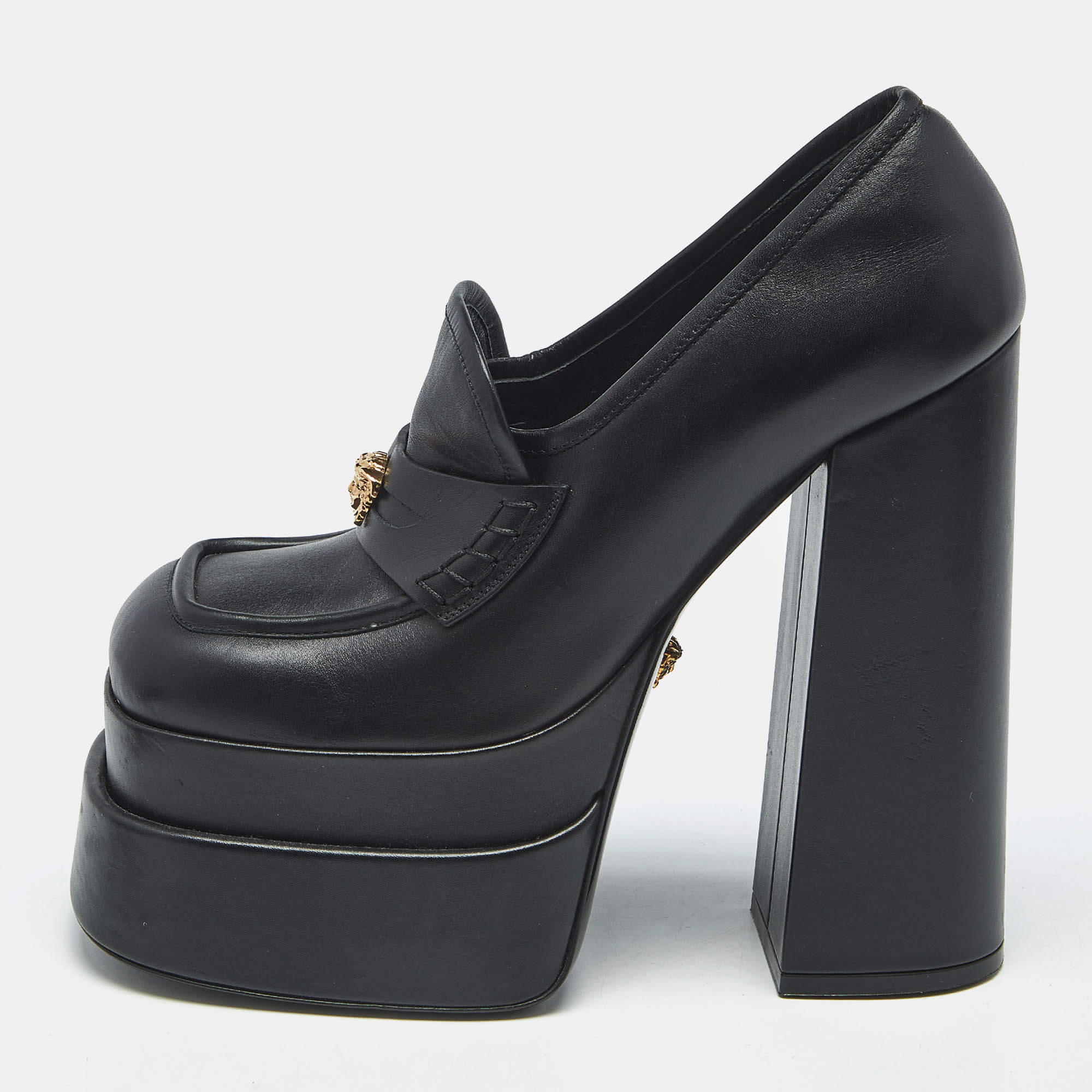 مملوكة مسبقًا حذاء كعب عالي فرساتشي كعب سميك جلد أسود أيفيتاس مقاس 36