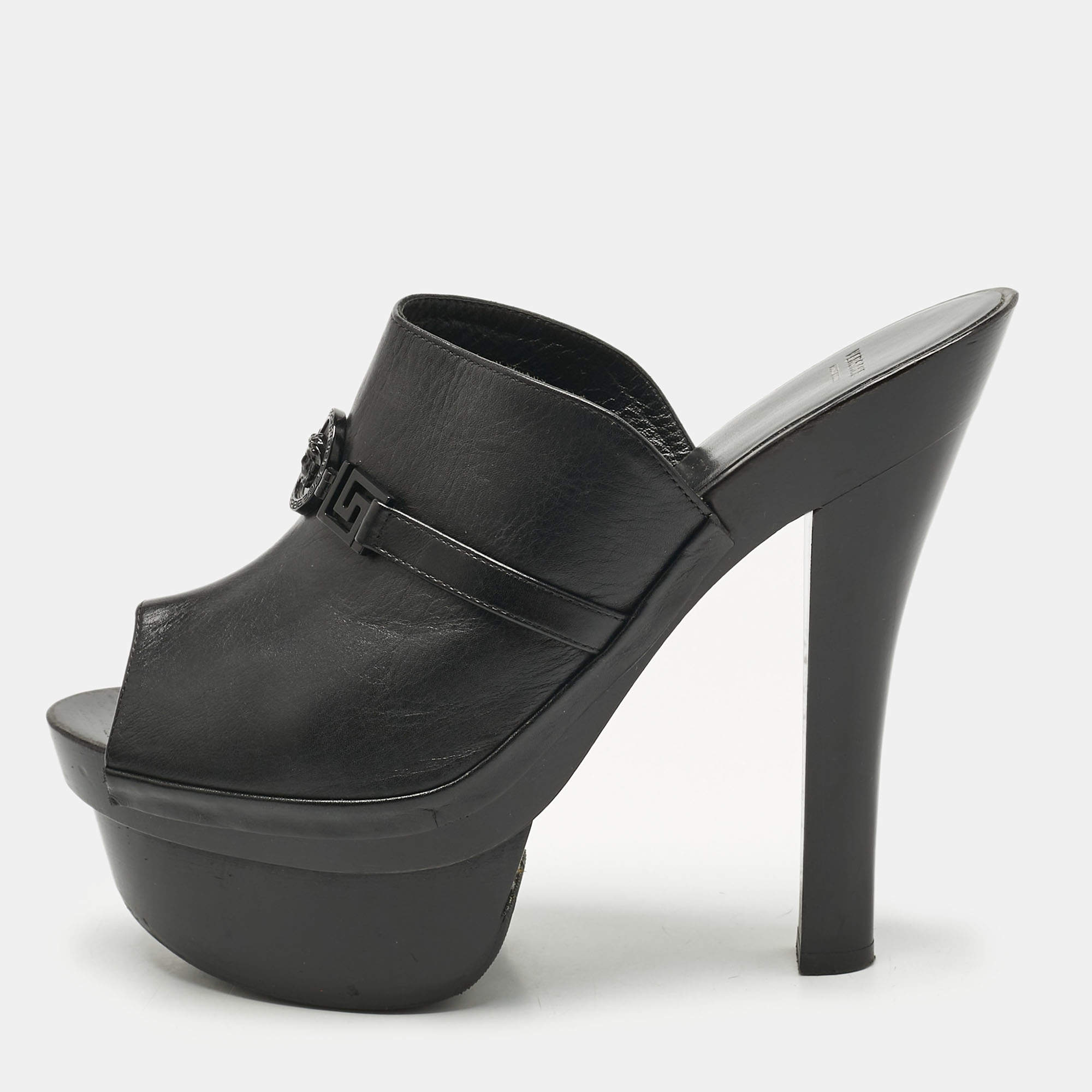 Pre Owned Versace Black Leather and Wooden Platform Medusa Sandals Size 39