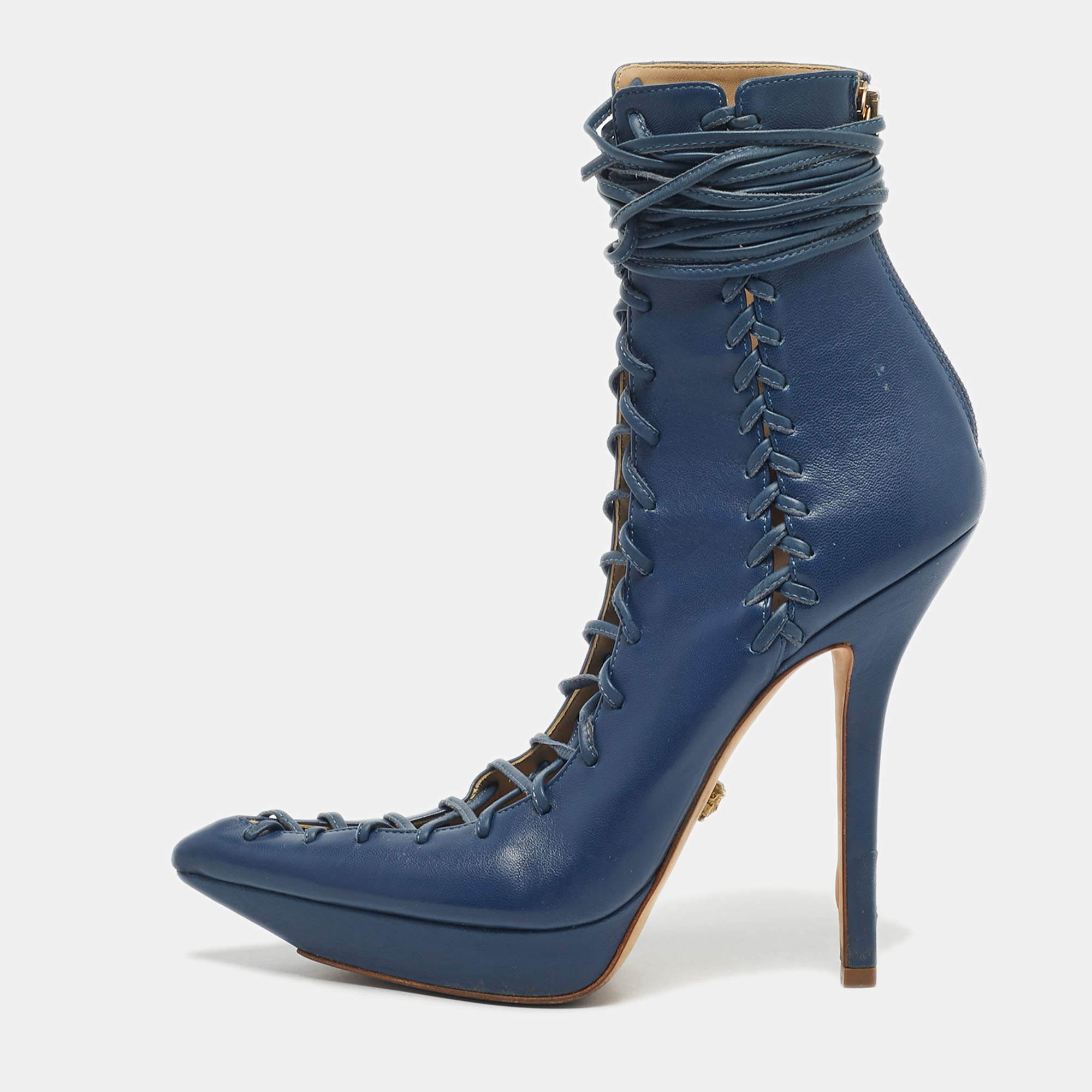 Pre Owned Versace Blue Leather Lace Up Ankle Length Boots Size 40