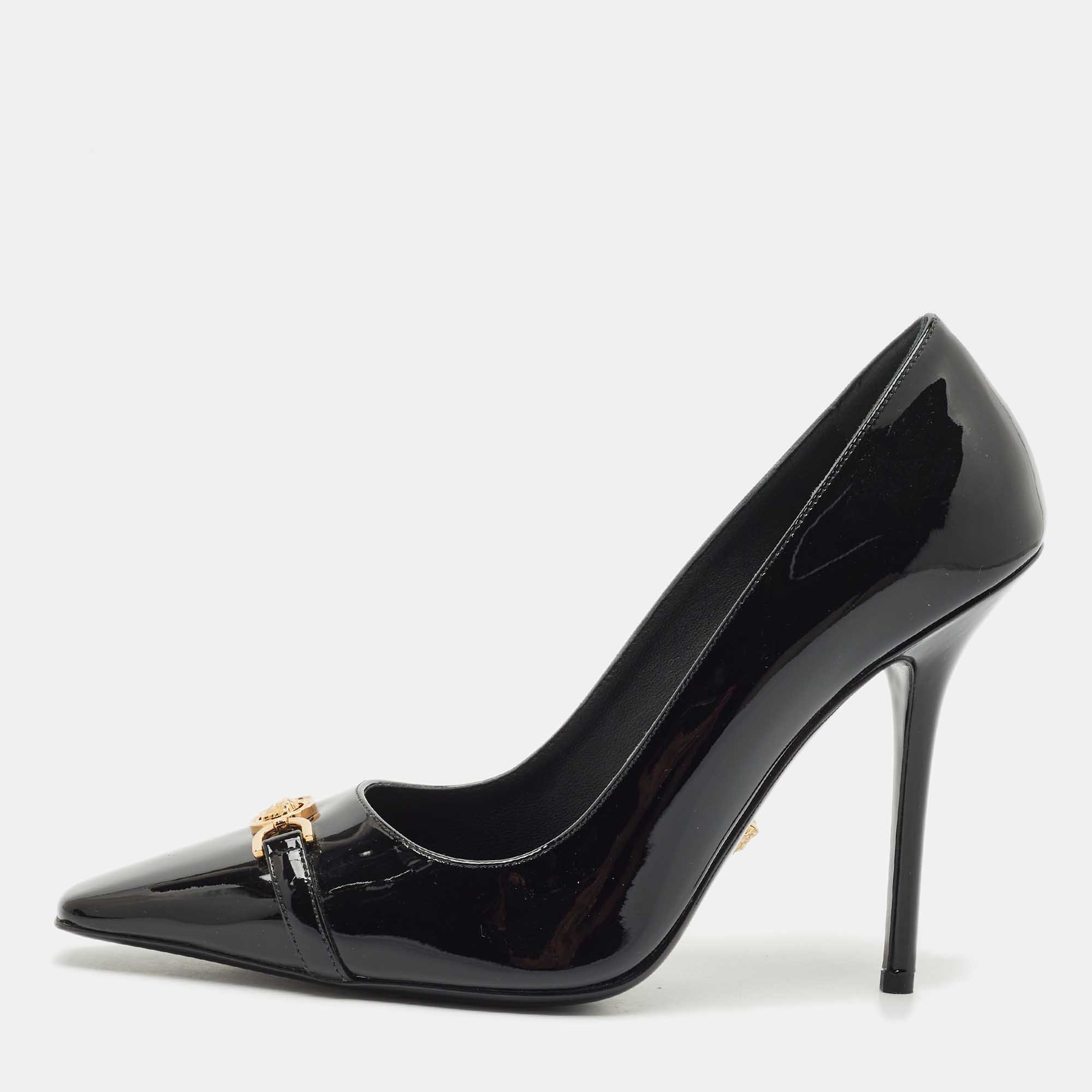 Pre Owned Versace Black Patent Leather La Medusa Pumps Size 38