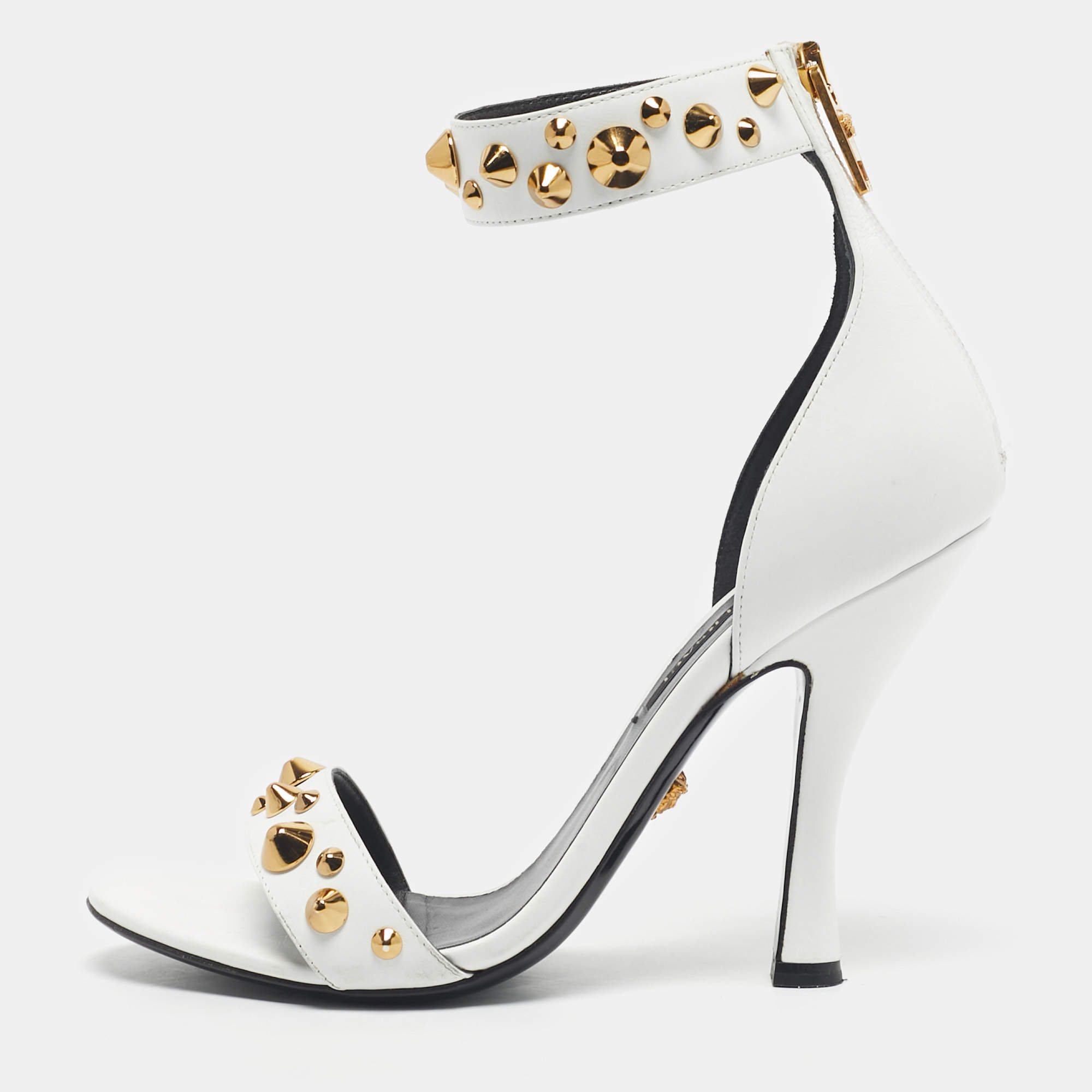 Pre Owned Versace White Leather Studded Ankle Strap Sandals Size 38