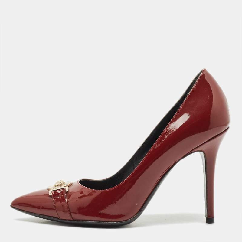Pre Owned Versace Burgundy Patent Medusa Pointed Toe Pumps Size 38