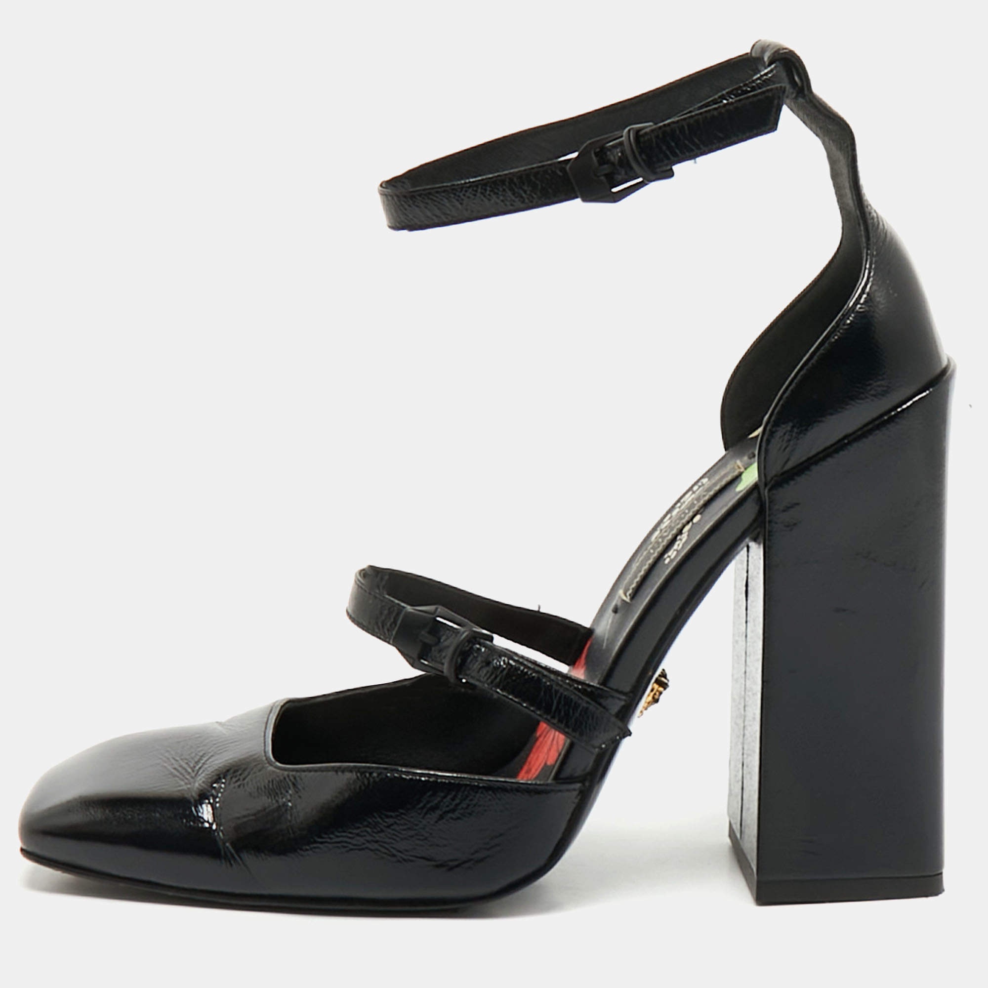 Pre Owned Versace Black Leather Ankle Wrap Block Heel Pumps Size 38