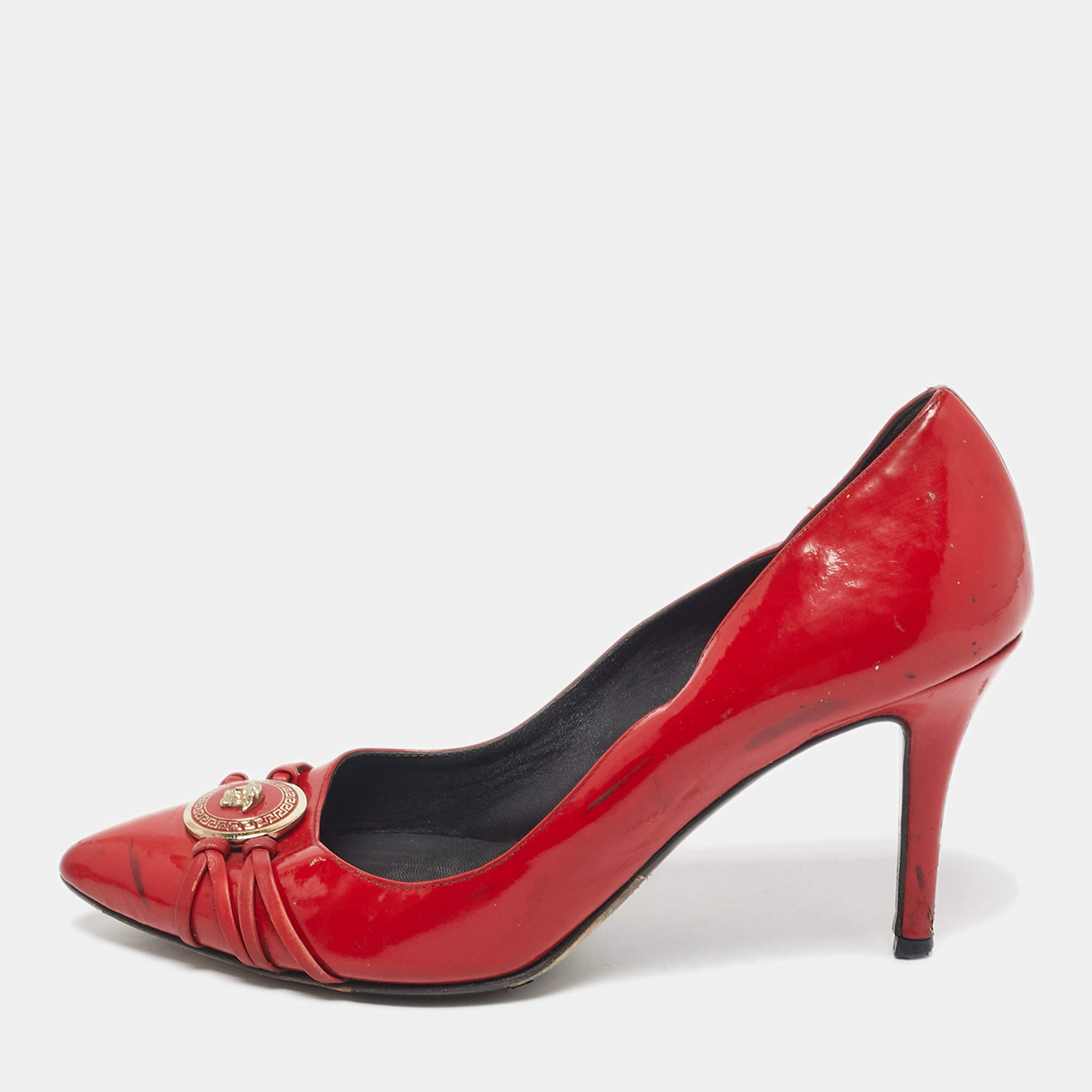 Pre Owned Versace Red Patent Leather Medusa Pointed Toe  Pumps Size 37