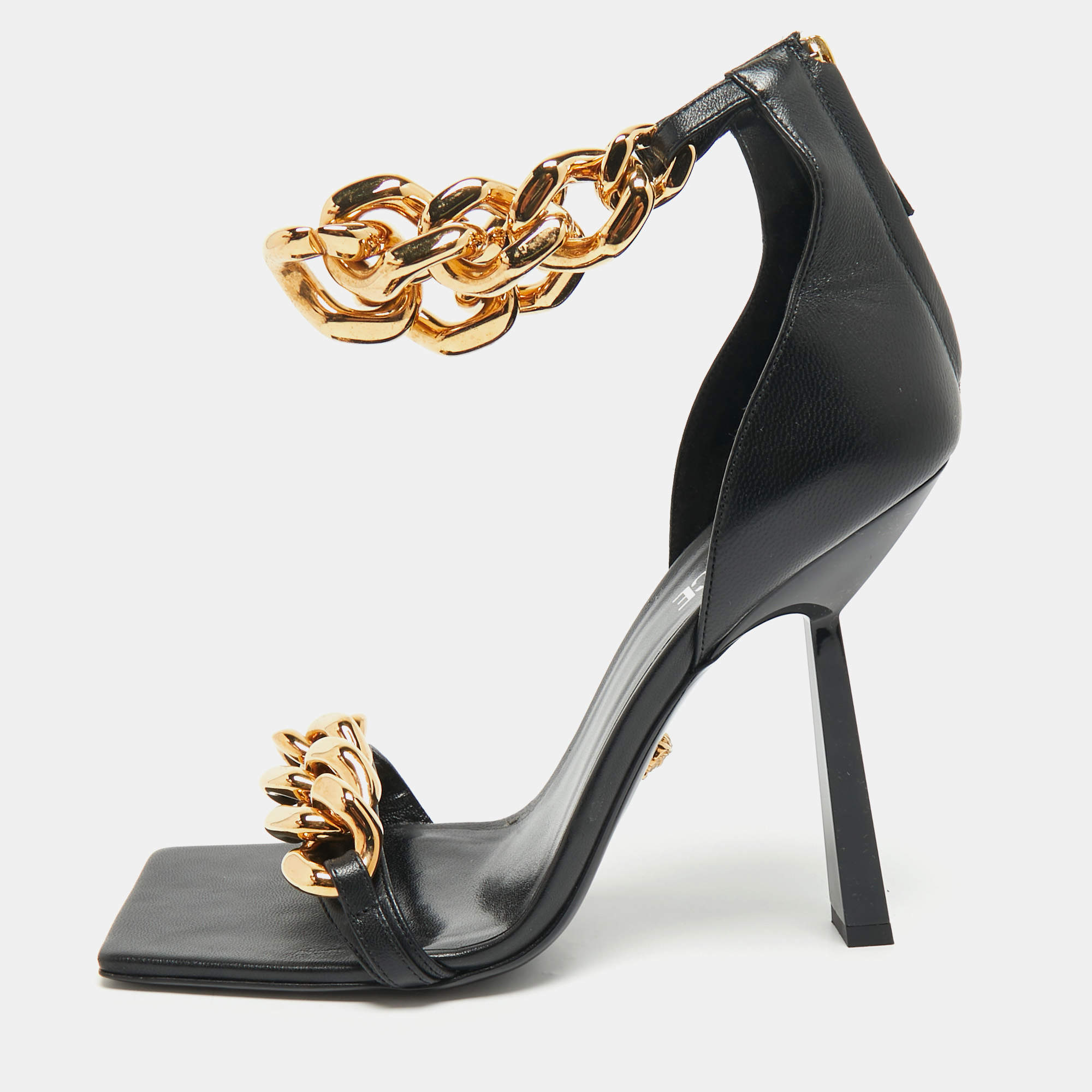 Pre Owned Versace Black Leather Medusa Chain Ankle Strap Sandals Size 41