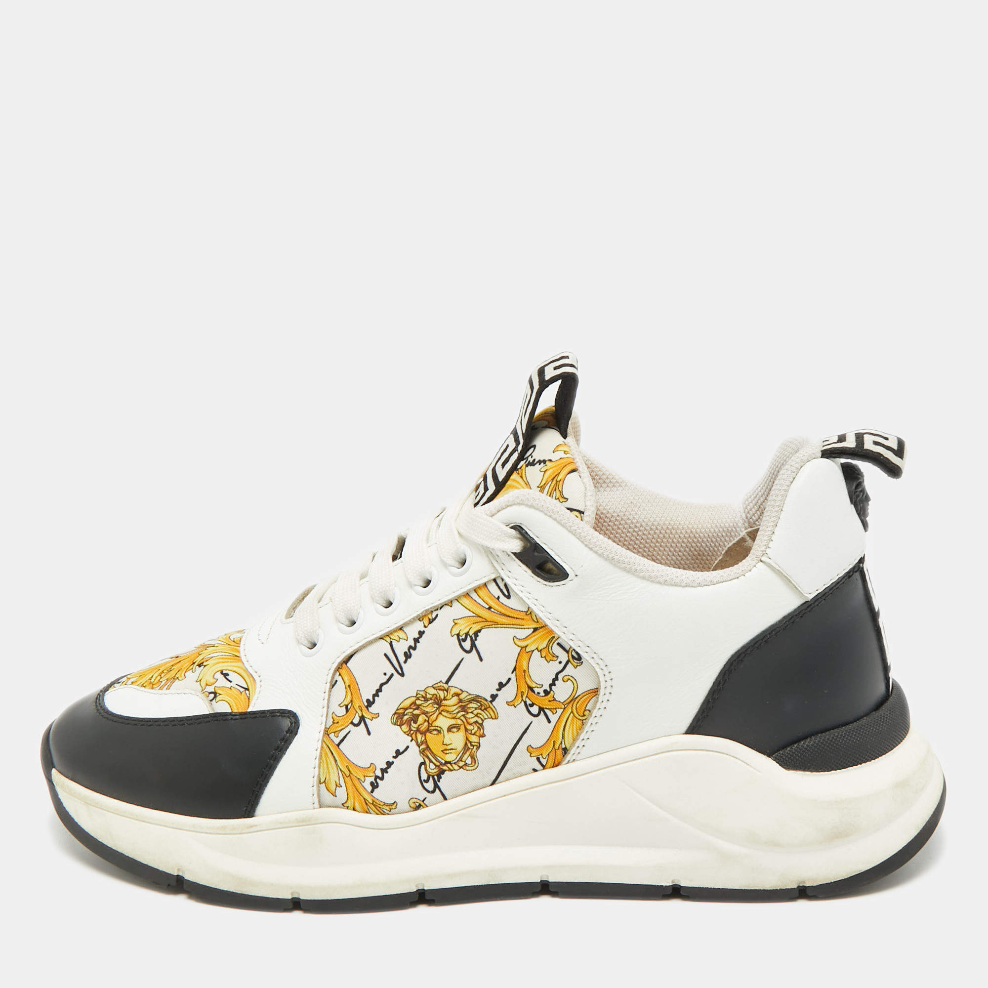 Pre Owned Versace Multicolor Leather and Canvas Baroque Printed Logo Low Top Sneakers Size 40