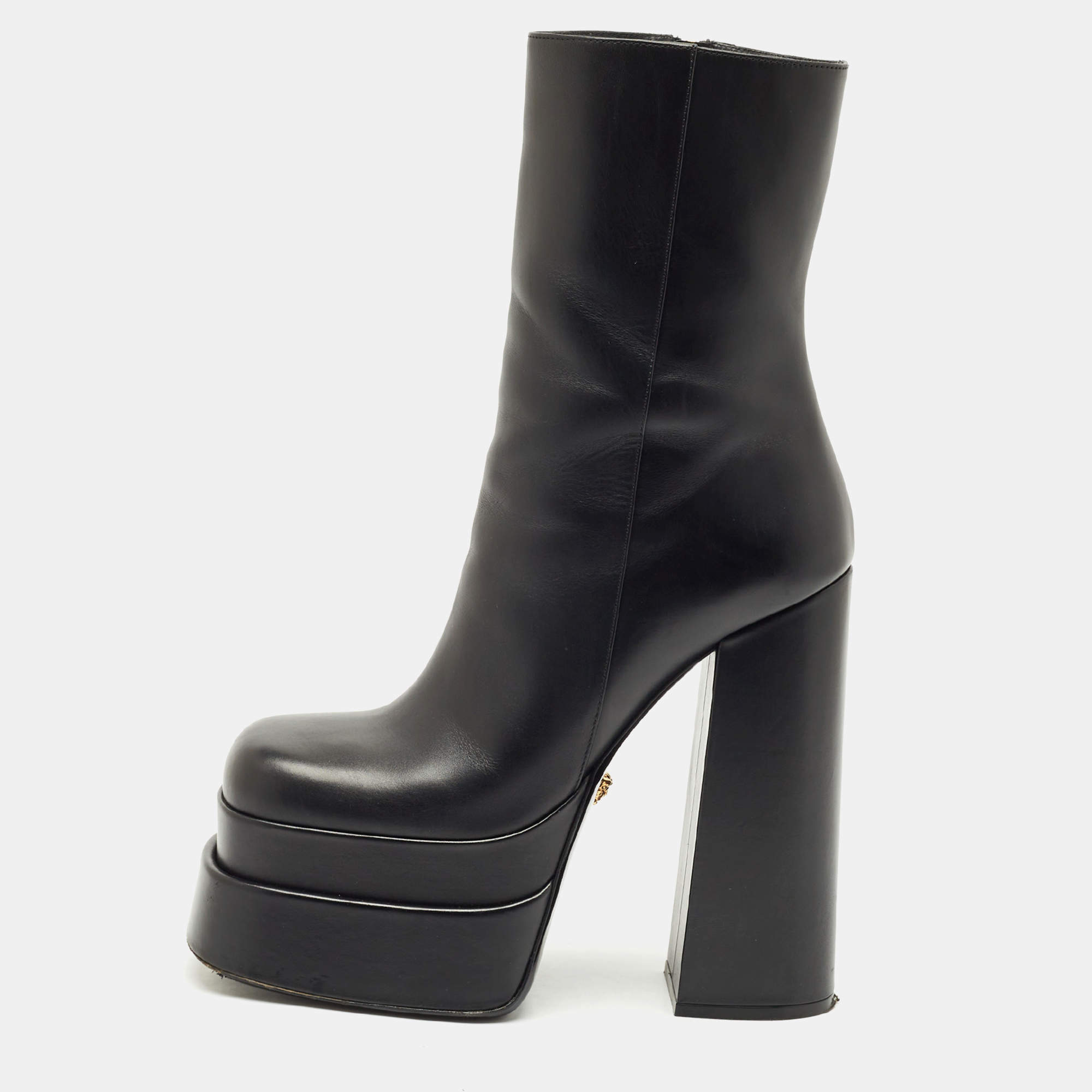 Pre Owned Versace Black Leather Aevitas Double Platform Boots Size 39