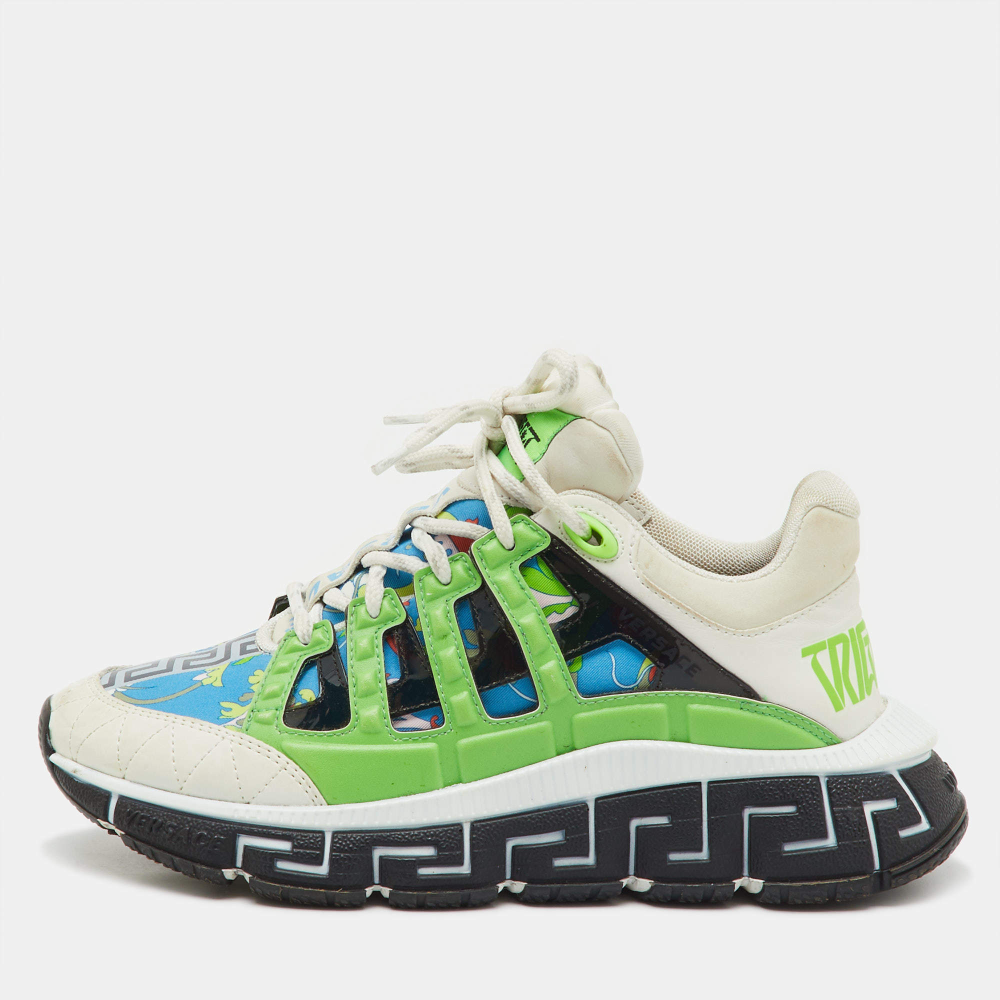 Pre Owned Versace Multicolor Leather and Fabric Trigreca Sneakers Size 37.5