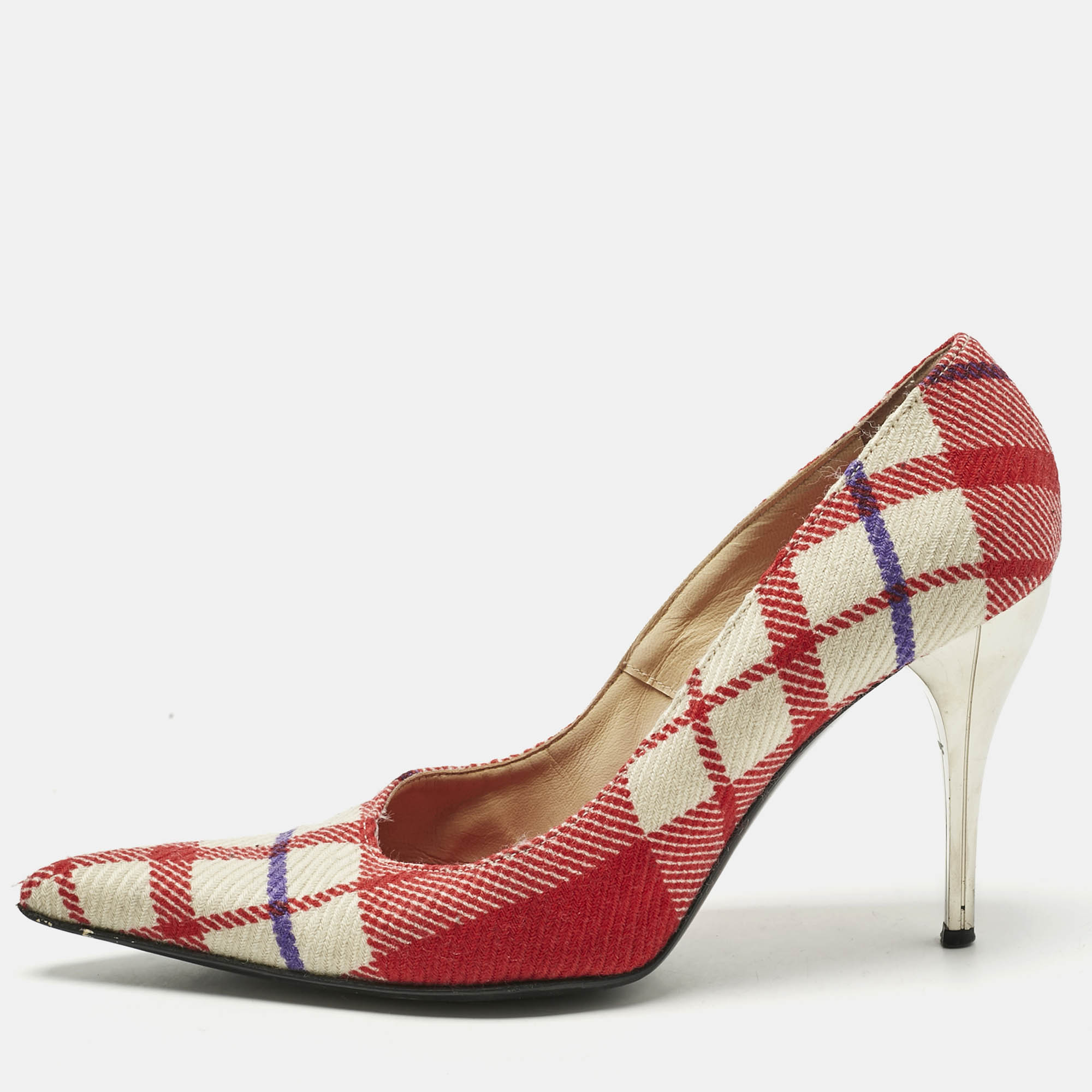Pre Owned Versace White/Red Plaid Check Fabric Pointed Toe Pumps Size 38