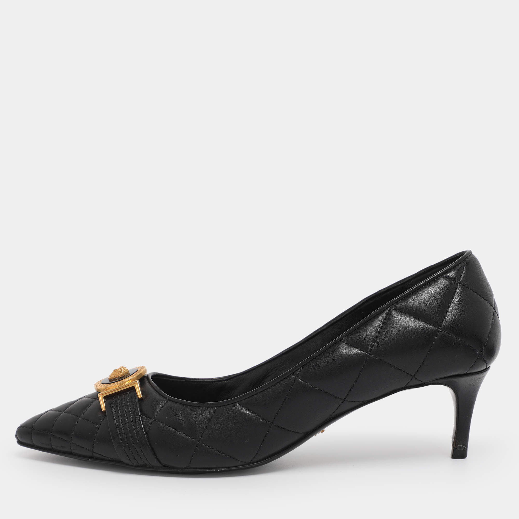 Pre Owned Versace Black Leather Medusa Pumps Size 38