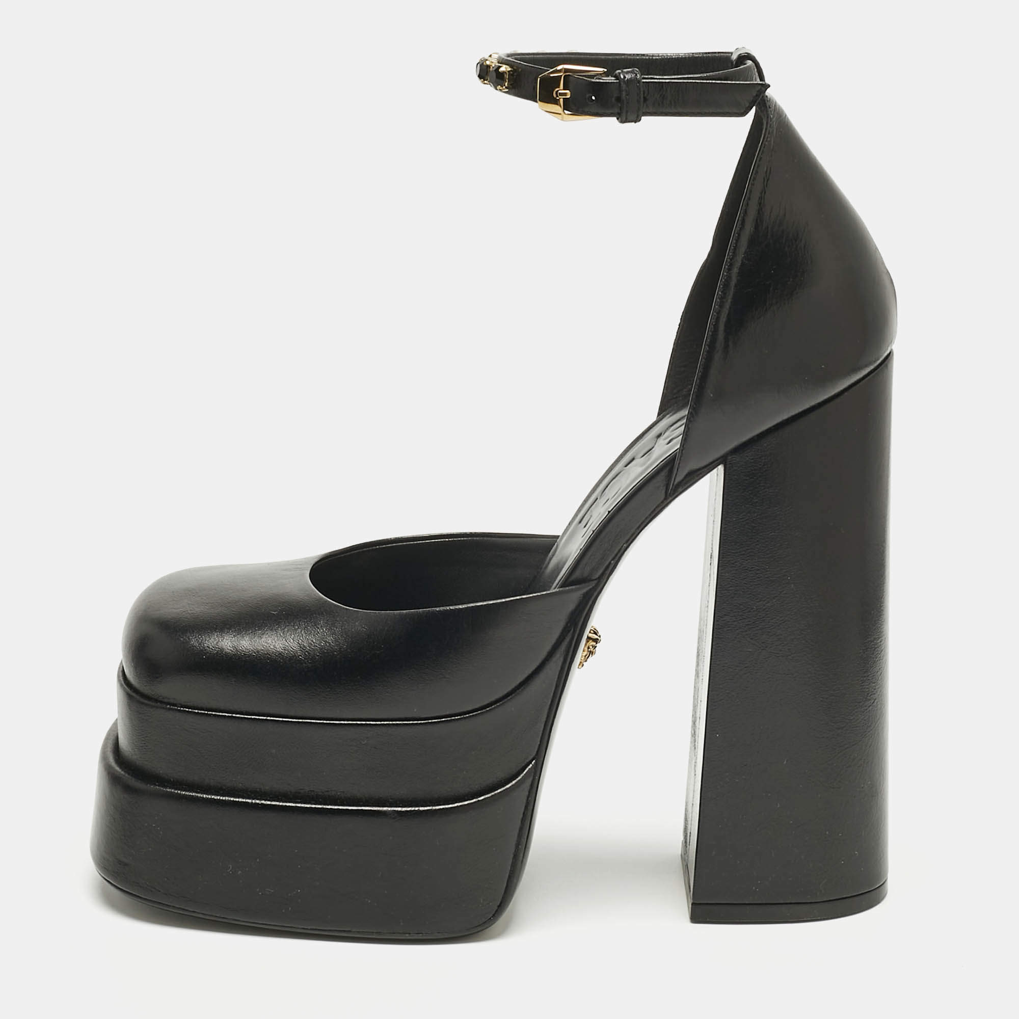 Pre Owned Versace Black Leather Medusa Aevitas Double Platform Pumps Size 39