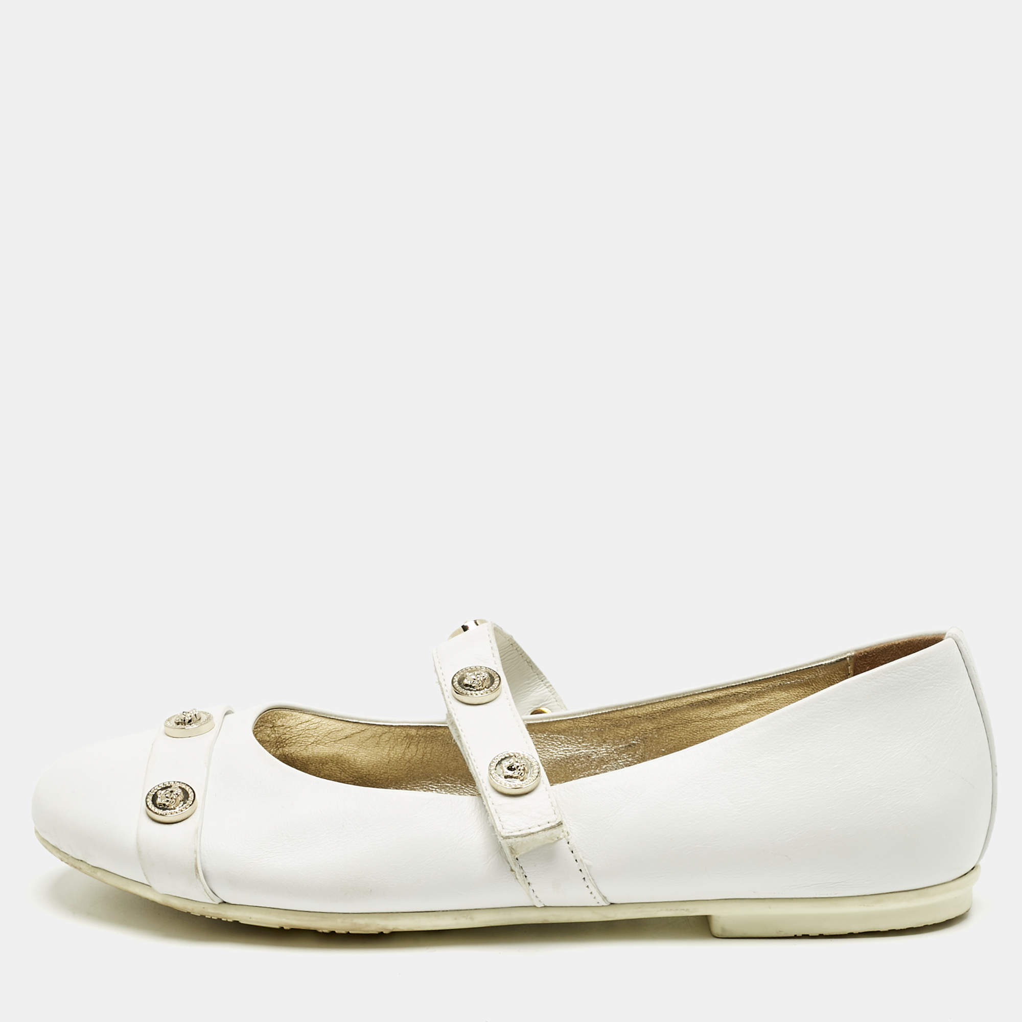 Pre Owned Versace White Leather Medusa Mary Jane Ballet Flats Size 38