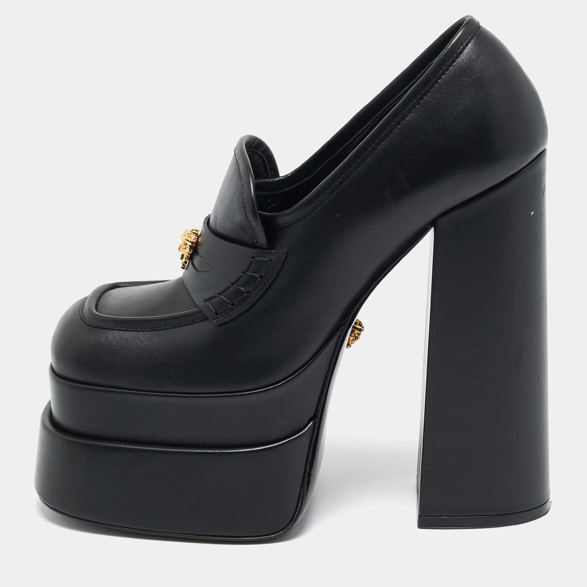 Pre Owned ح ذاء كعب عالي فيرساتشي أفايتس جلد أسود نعل سميك مقاس 37