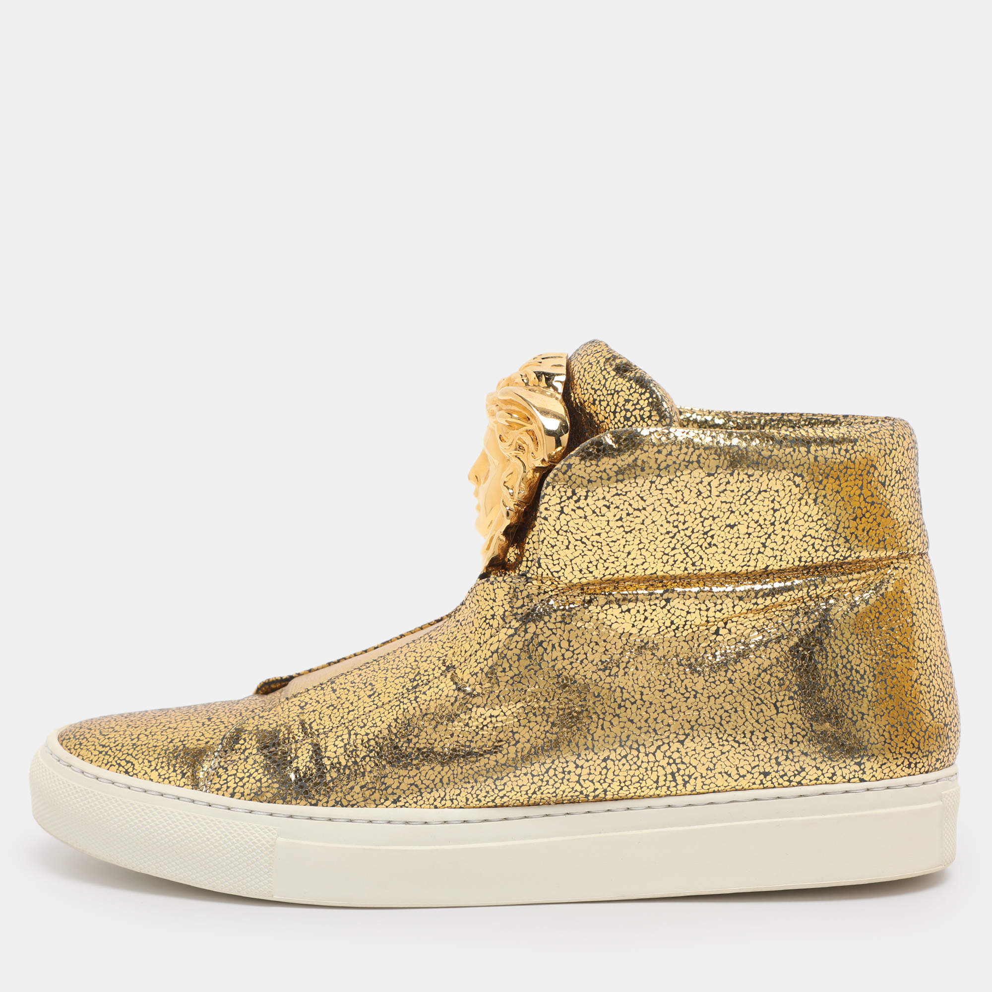 Pre Owned Versace Metallic Gold Crackle Leather Medusa High Top Sneakers Size 38.5