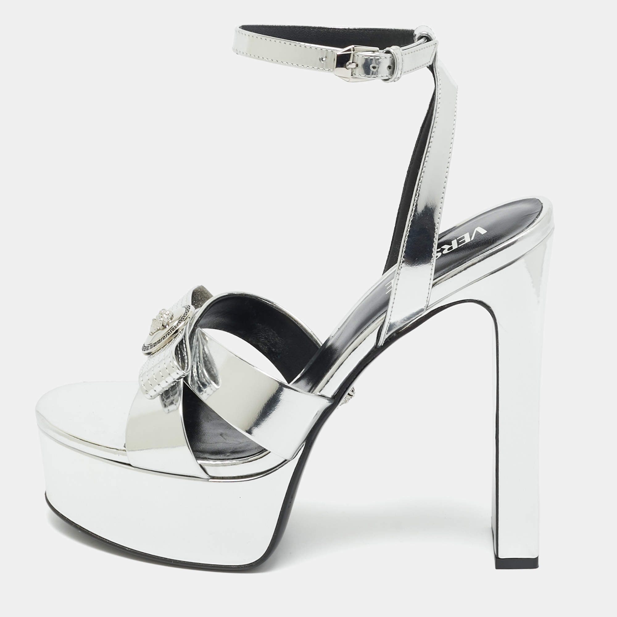 Pre Owned Versace Silver Foil Leather Ankle Strap Platform Sandals Size 40